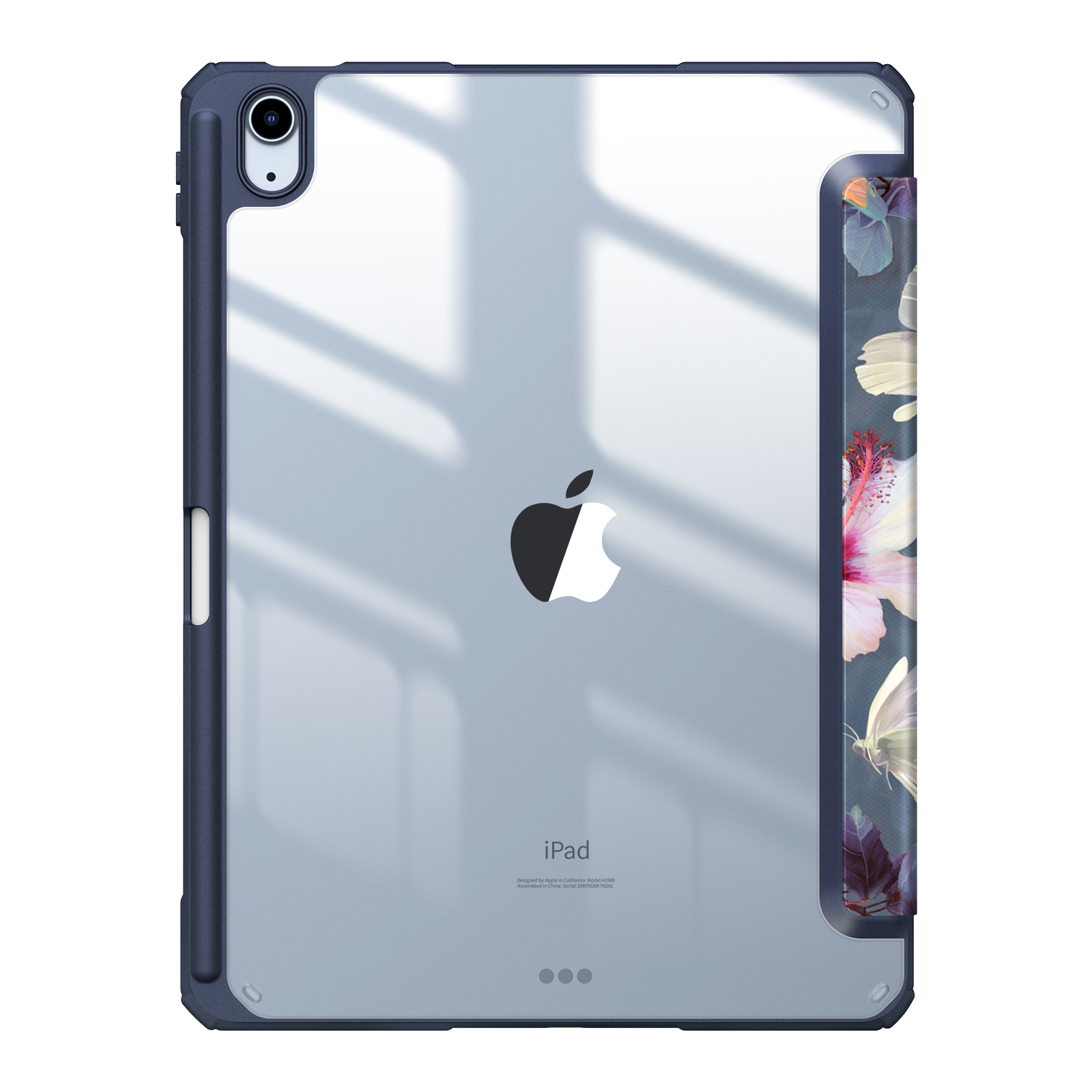 Ein iPad mit blauem Gehäuse. Die Rückseite zeigt das Apple-Logo. Das Gehäuse hat eine transparente Rückseite und ein Blumendesign.