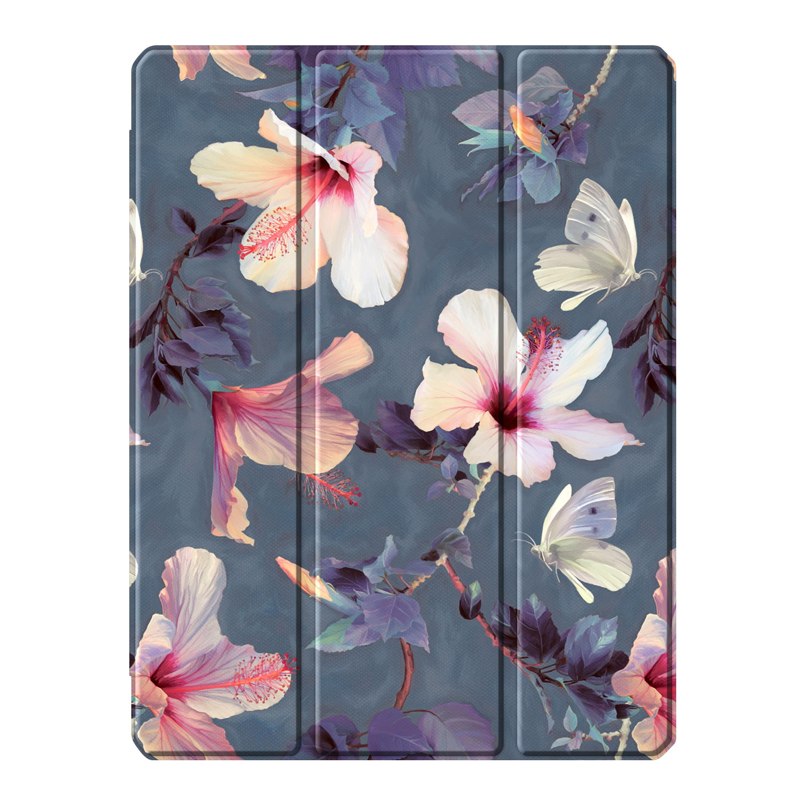 Tablethülle mit floralem Design. Sie hat weiße und rosa Blumen auf einem blau-grauen Hintergrund.