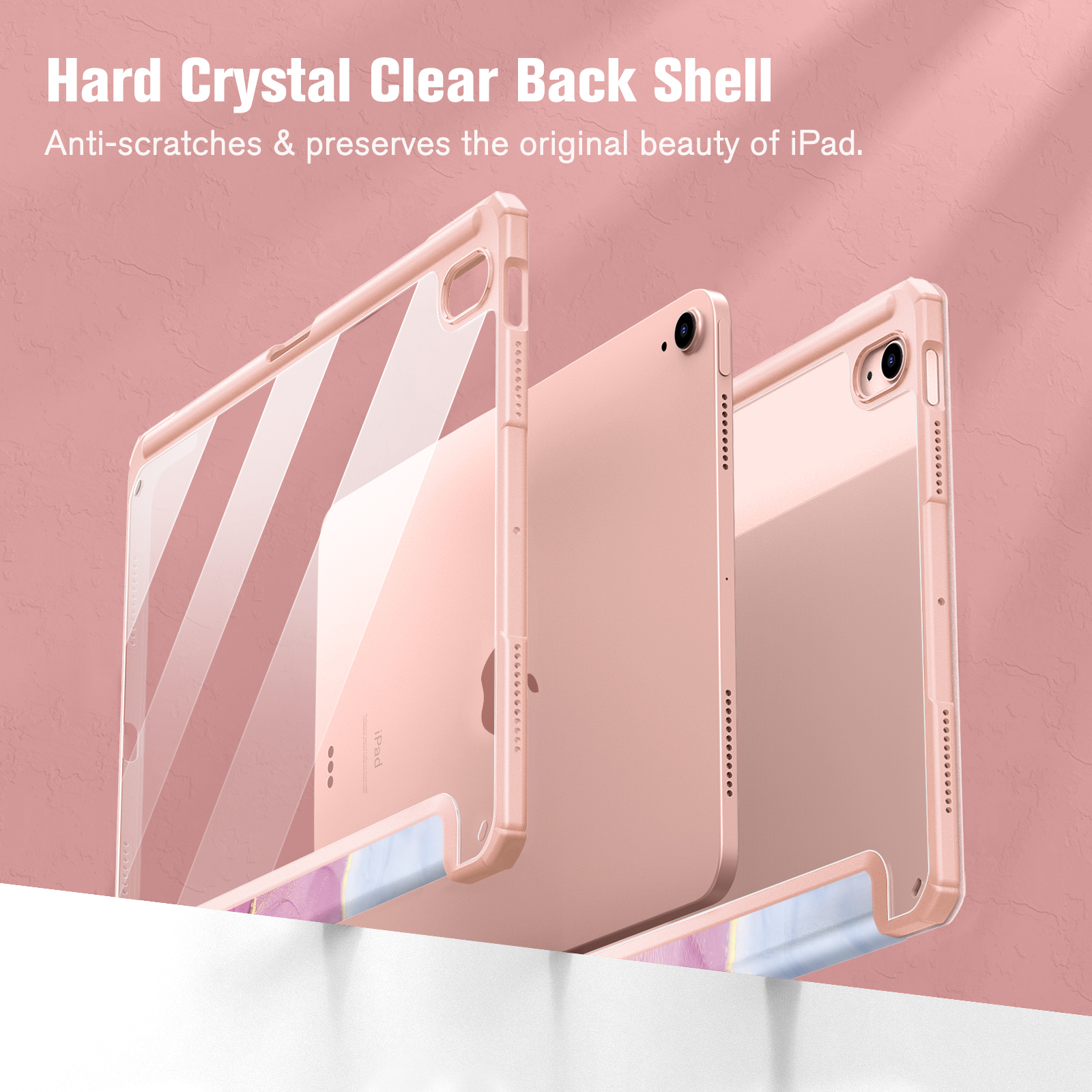 Drei iPad-Hüllen. Klare Rückseite mit rosa Seiten. Hüllen zeigen das iPad und das Design der Hülle.