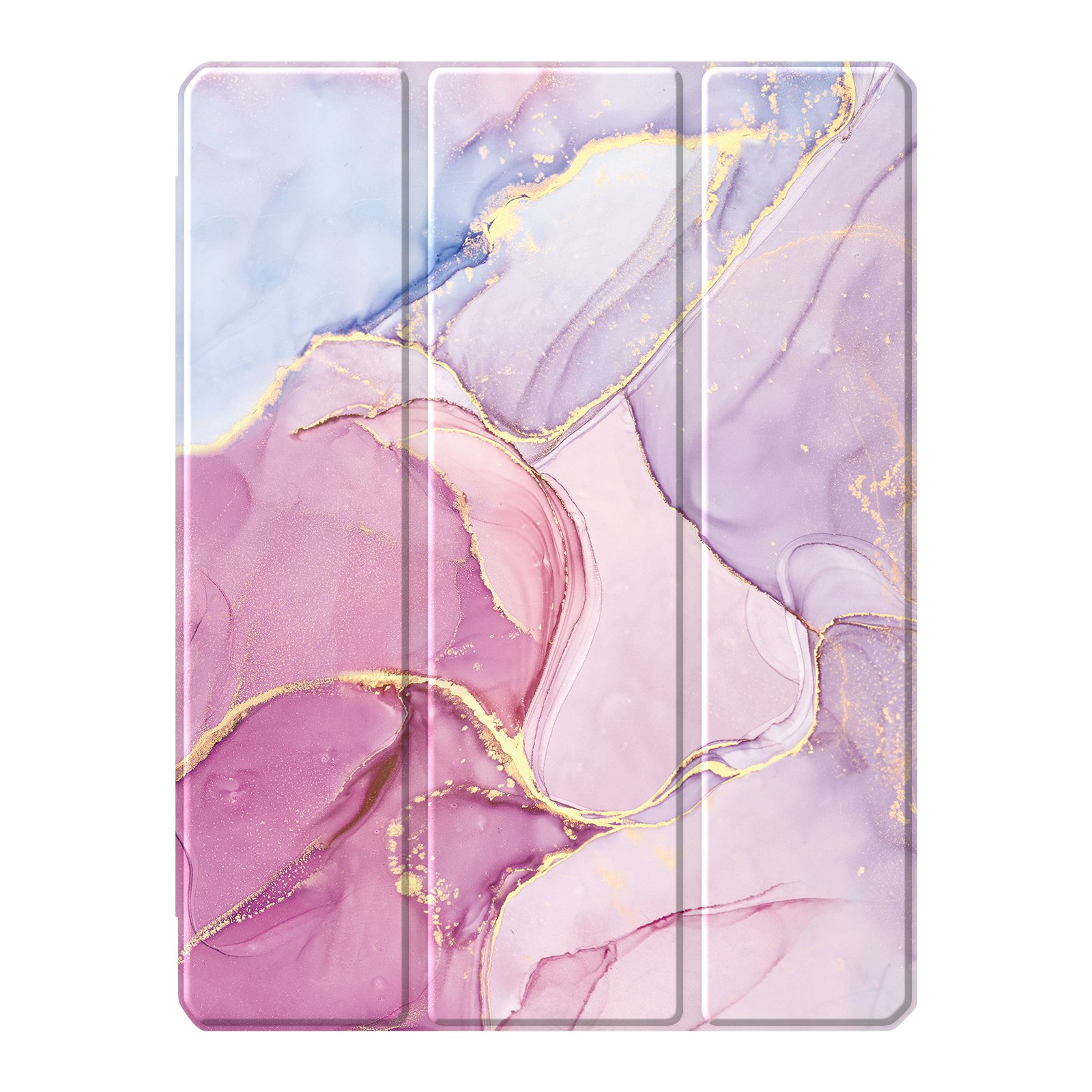 Faltbare Tablethülle mit marmorähnlichem Design in Lila, Rosa und Gold.