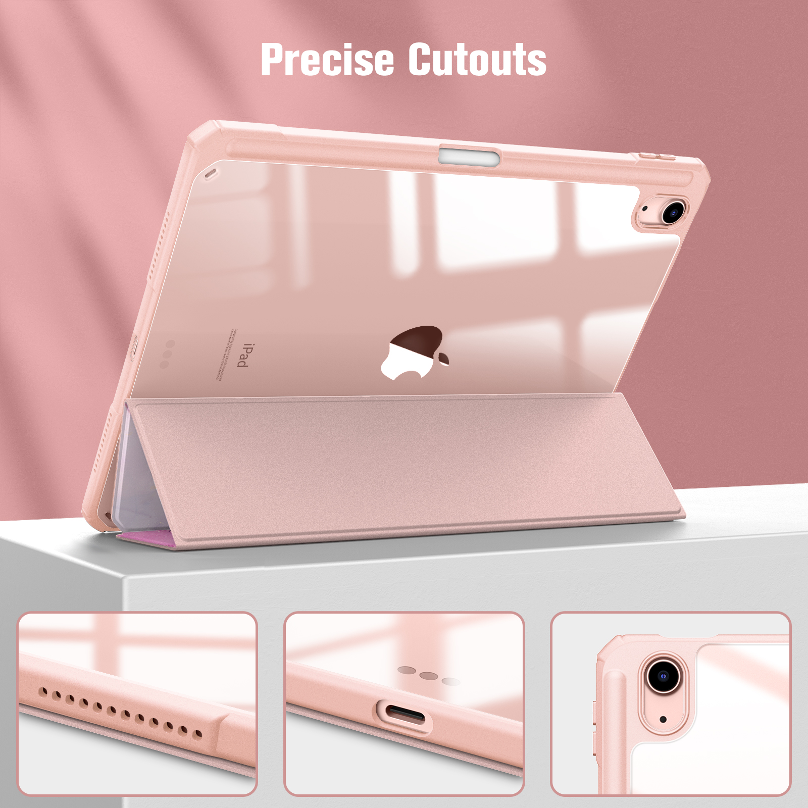 Rosa iPad-Hülle mit geöffneter Abdeckung, zeigt das iPad. Text: Präzise Ausschnitte.
