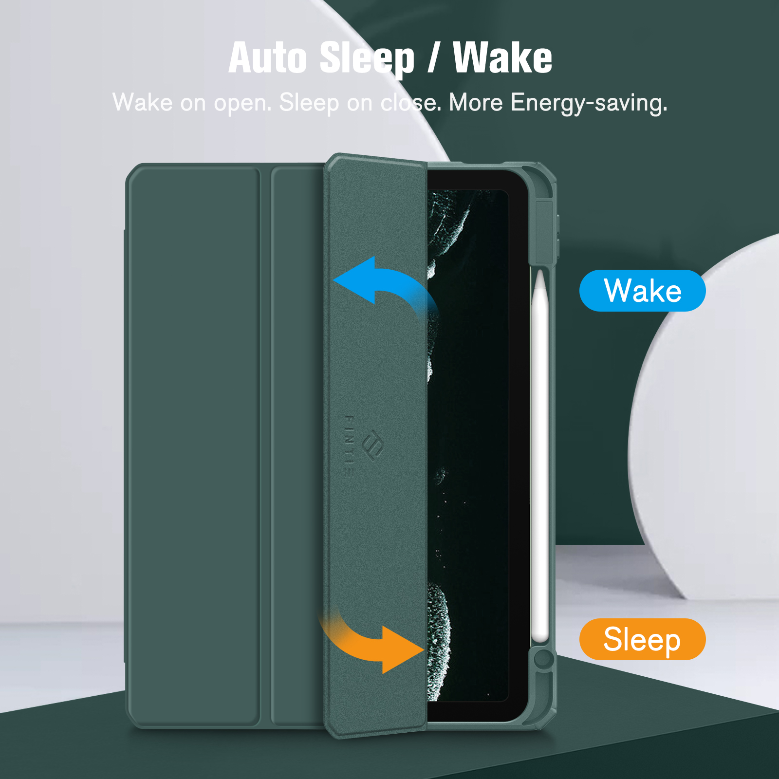 Grüne Tablethülle mit Stift. Die Hülle ist geöffnet. Text: Auto Sleep/Wake. Pfeile und Text auf blauem Grund.