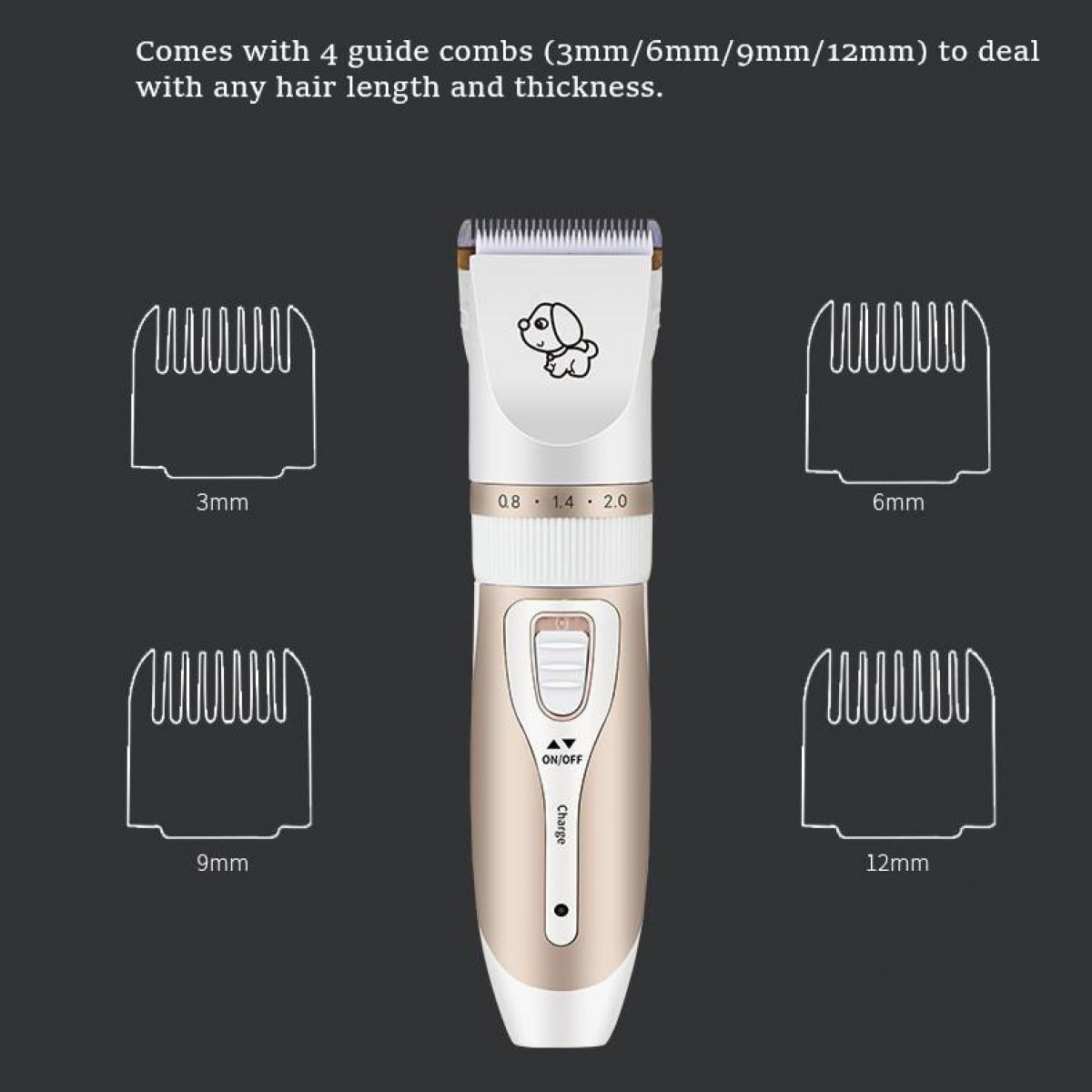 Maszynka do włosów z grzebieniami i tekstem wskazującym rozmiary grzebieni prowadzących.