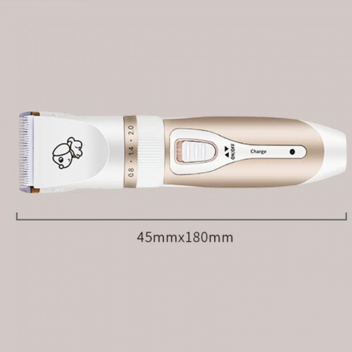 Biała i złota elektryczna maszynka do włosów z postacią z kreskówki. Ma skalę pomiarową 45mmx180mm.