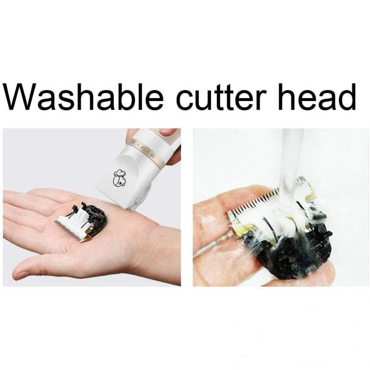 Obrazy przedstawiające zmywalną głowicę tnącą do maszynki do włosów. Jeden w dłoni, drugi pod bieżącą wodą.