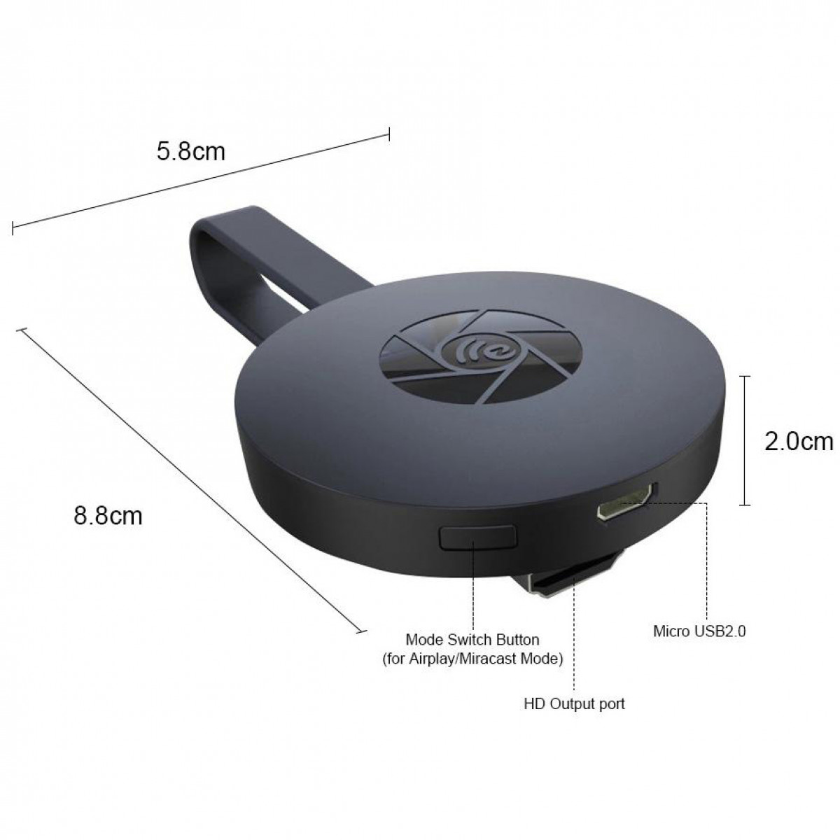 Schwarzes kreisförmiges Streaming-Gerät mit Maßen, HD-Ausgang und Micro-USB-Anschluss.