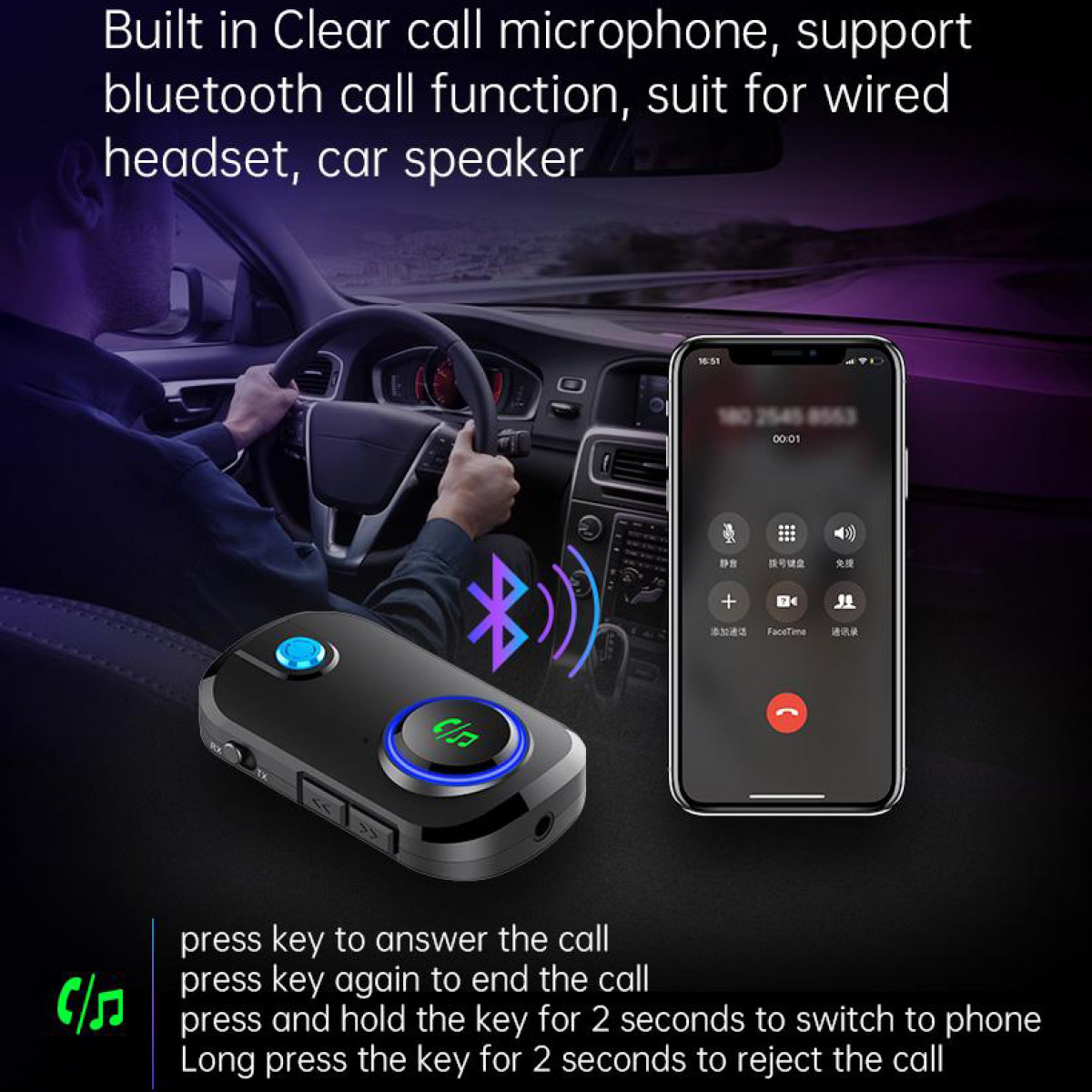 Urządzenie Bluetooth z telefonem i samochodem. Tekst pokazuje, jak go używać.