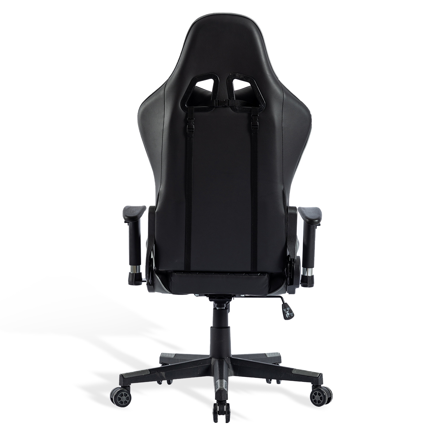 Schwarzer Gaming-Stuhl von hinten gesehen, mit Sitz und Rückenlehne.