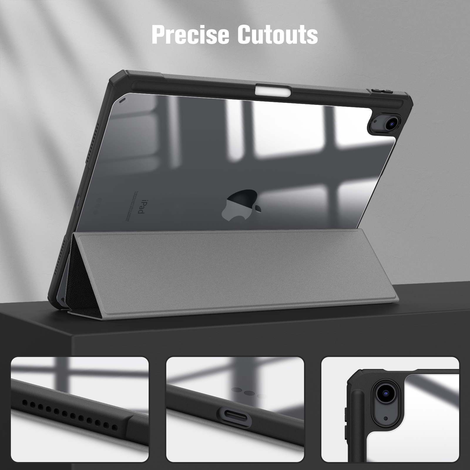 iPad in einer schwarzen Hülle mit grauem Ständer, Präzisionsausschnitte zeigend.