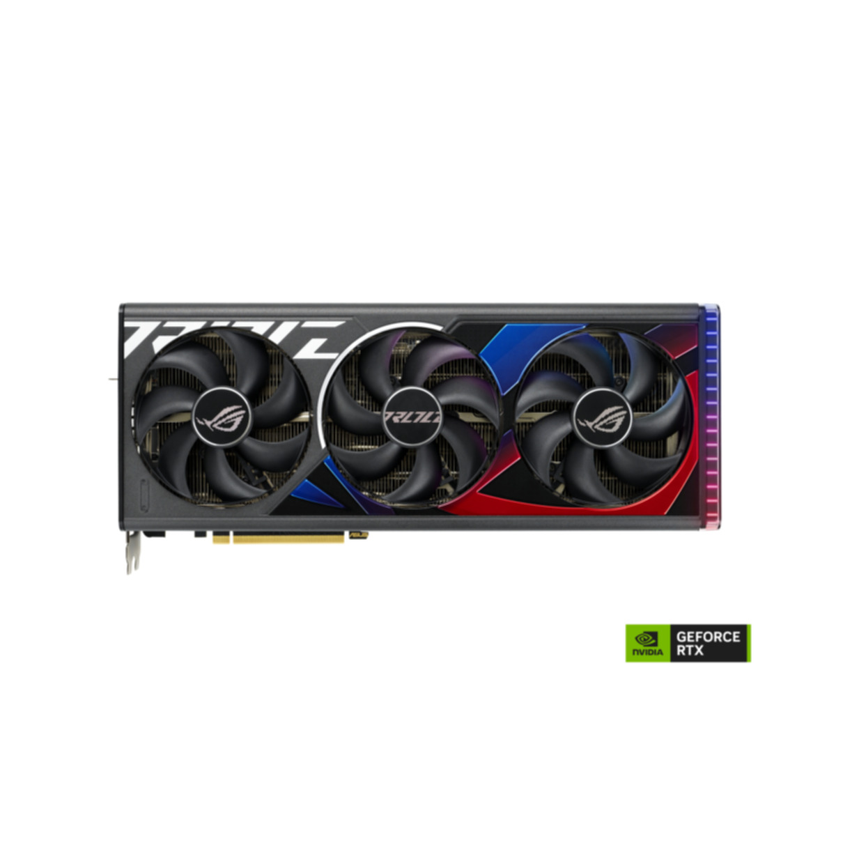 Una scheda grafica con tre ventole, logo ROG ed etichetta NVIDIA GeForce RTX.
