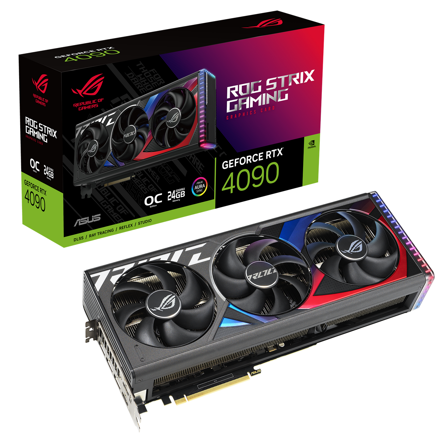 Scheda grafica e scatola. La scheda ha ventole nere e accenti rossi/neri. La scatola dice ROG Strix Gaming GeForce RTX 4090.