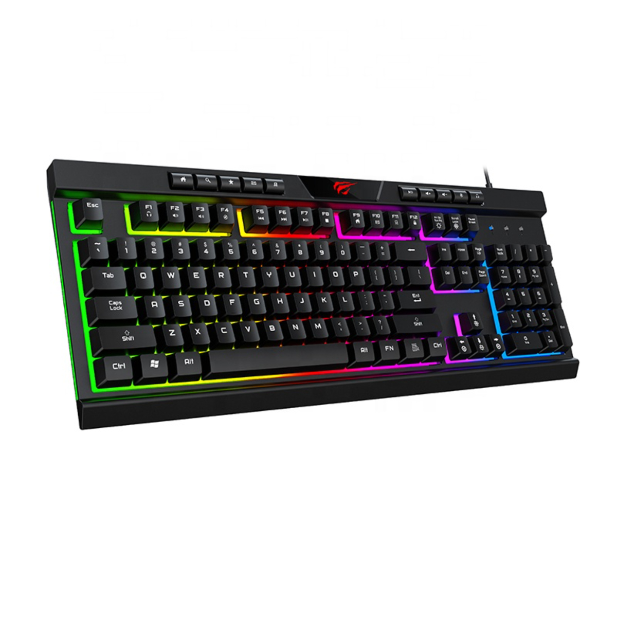Un teclado negro con luces y teclas coloridas.
