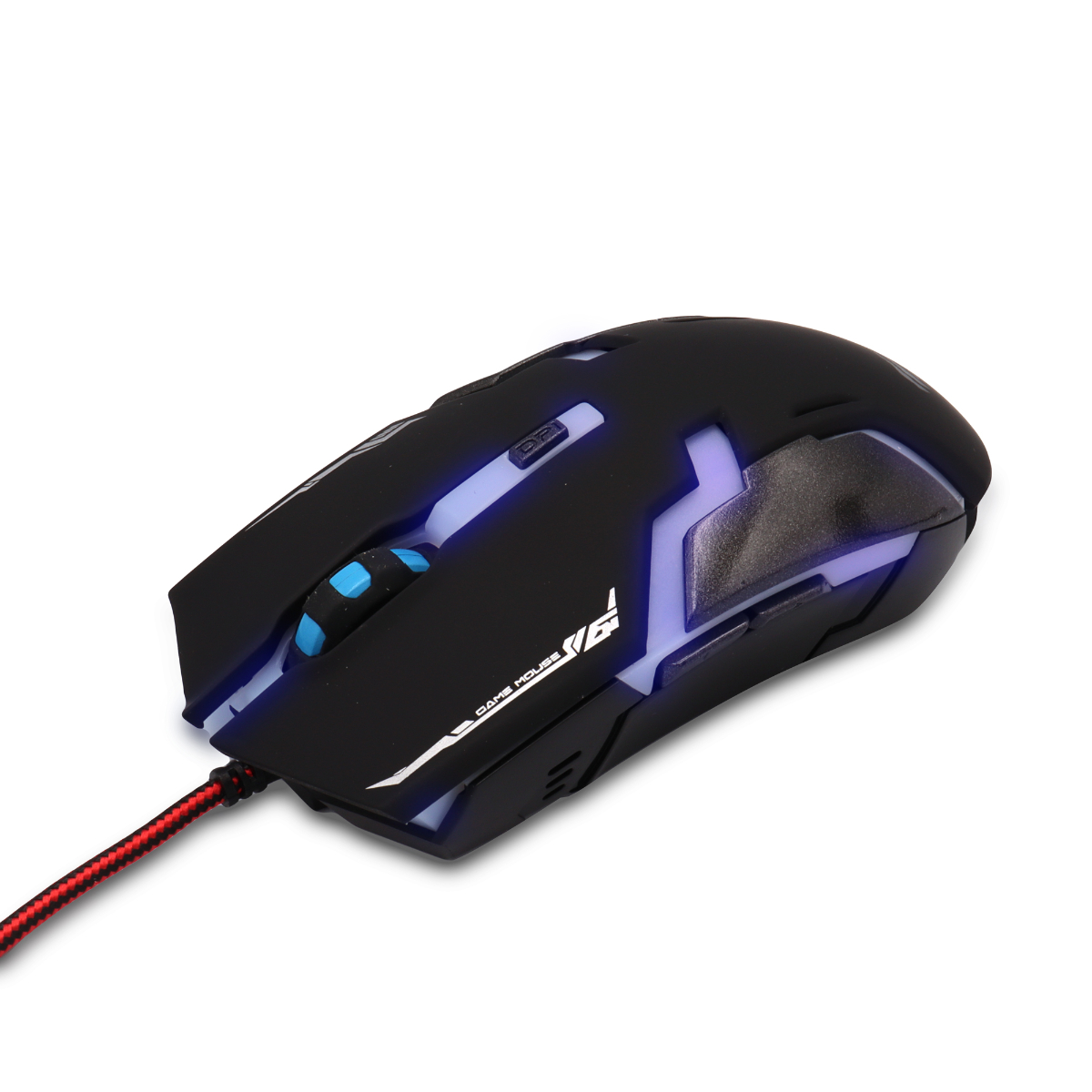Un ratón para juegos negro con luces azules y blancas, y un cable trenzado rojo y negro.