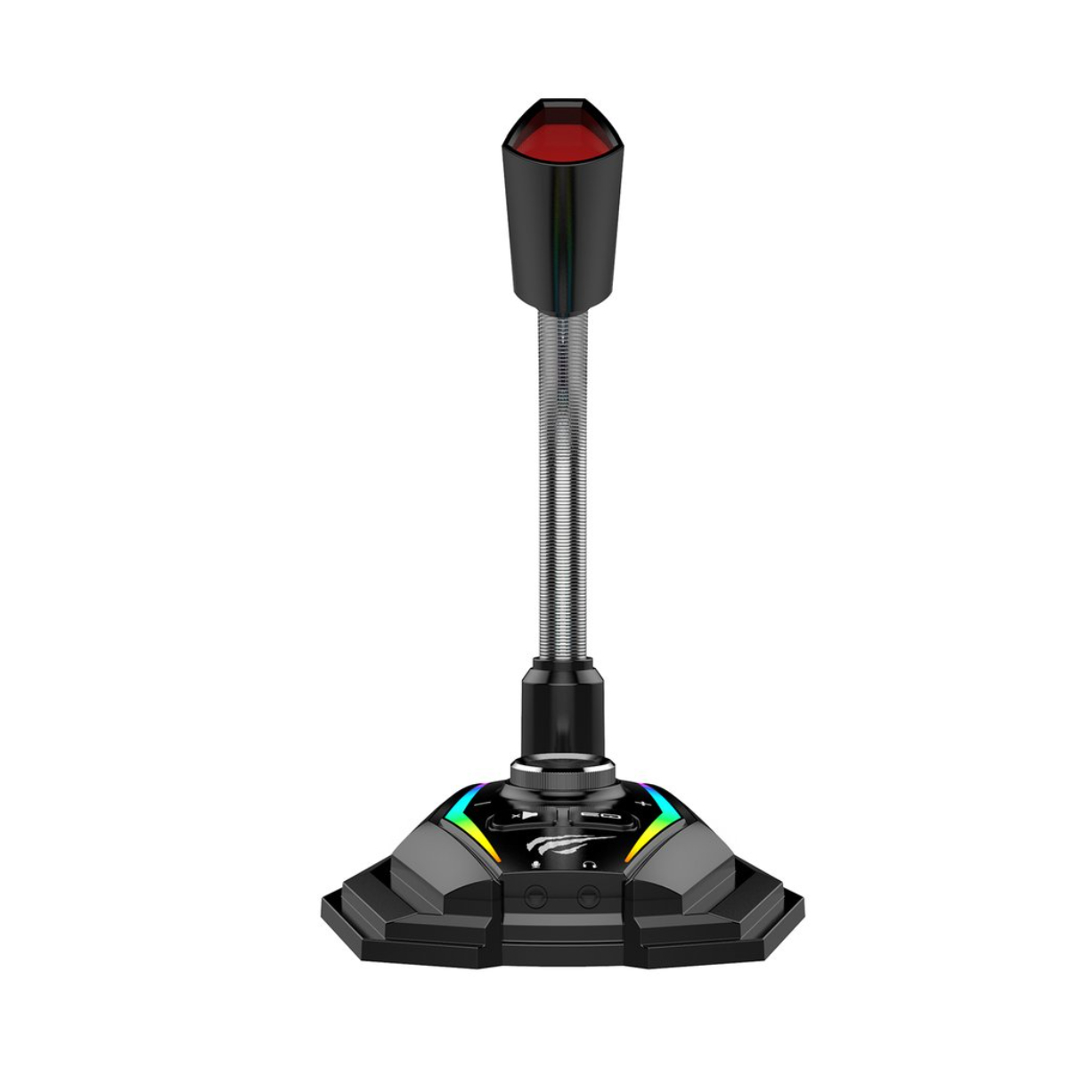 Micrófono negro en un soporte. Tiene parte superior roja, cuello metálico y base iluminada colorida.