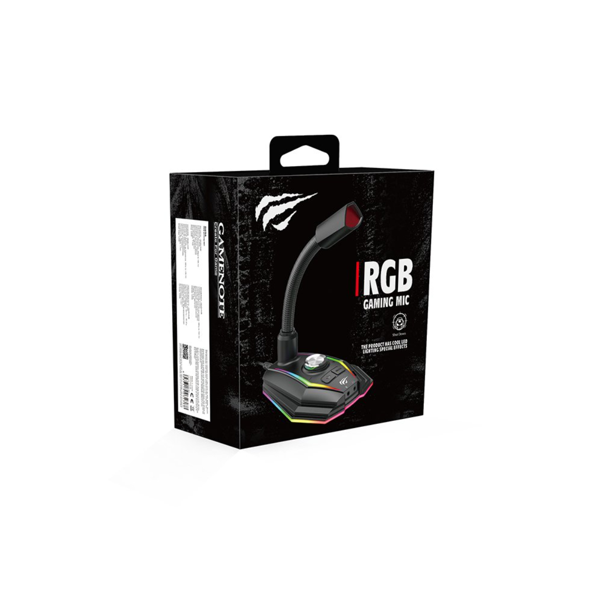 Micrófono gaming RGB negro en una caja. La caja tiene el nombre y logotipo de la marca.