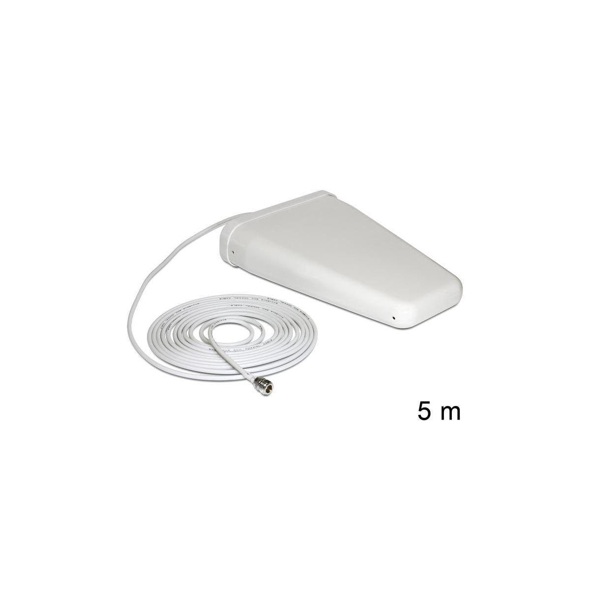 Weiße Antenne mit links gewickeltem Kabel, 5m Text unten rechts.