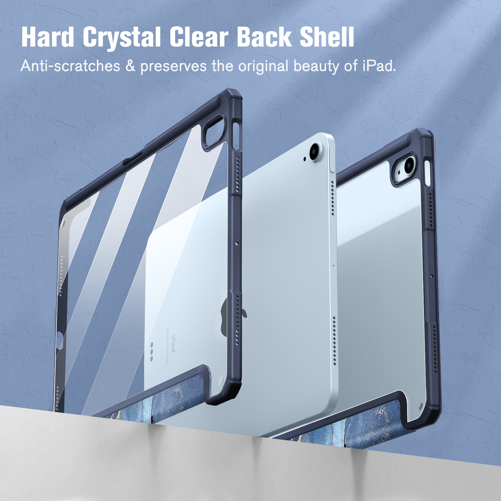 Klare iPad-Hüllen mit blauem Rahmen, die ein iPad zeigen, mit Text: Hard Crystal Clear Back Shell.