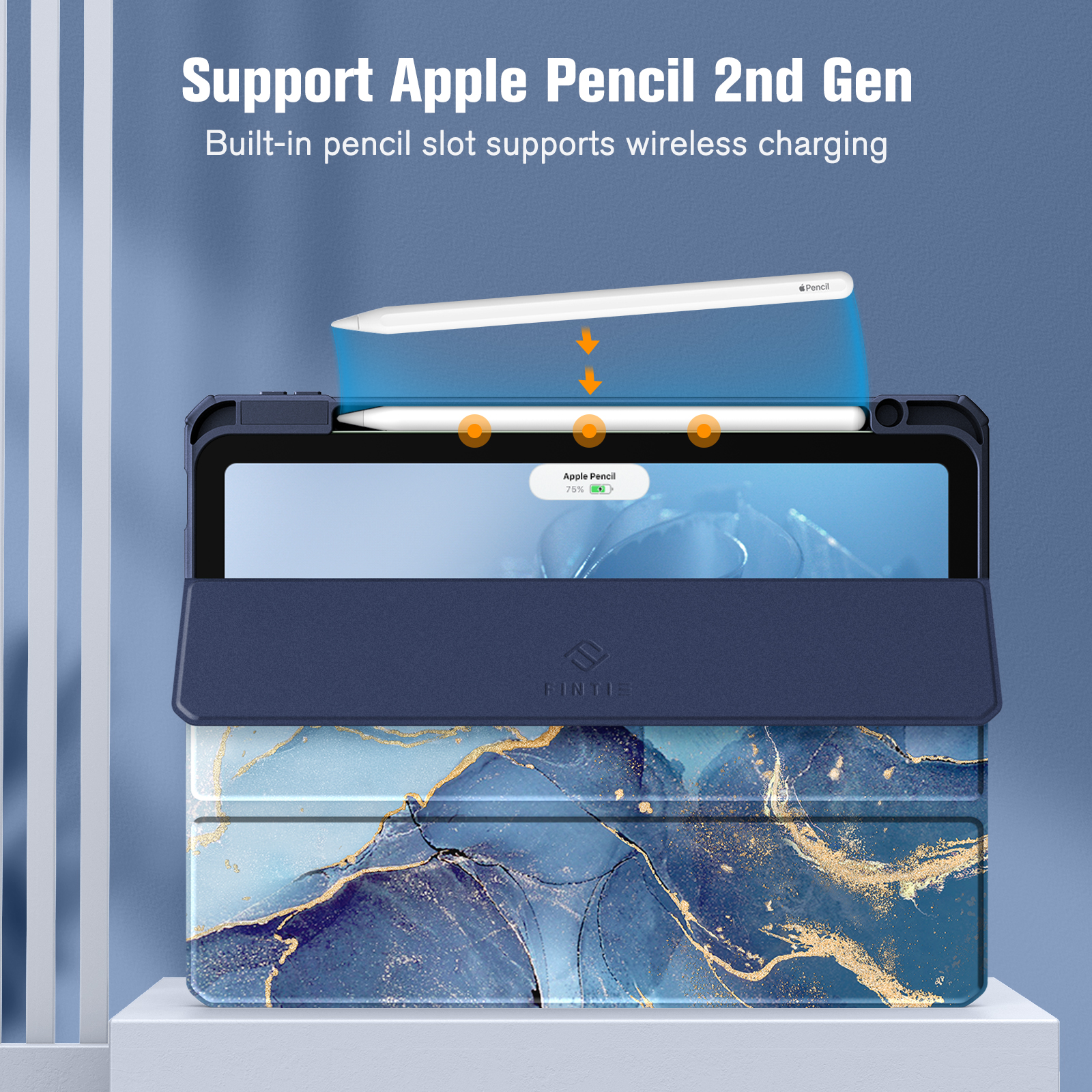 Blaue Tablethülle mit Apple Pencil. Die Hülle ist offen und zeigt den Bildschirm. Text hebt Merkmale hervor.