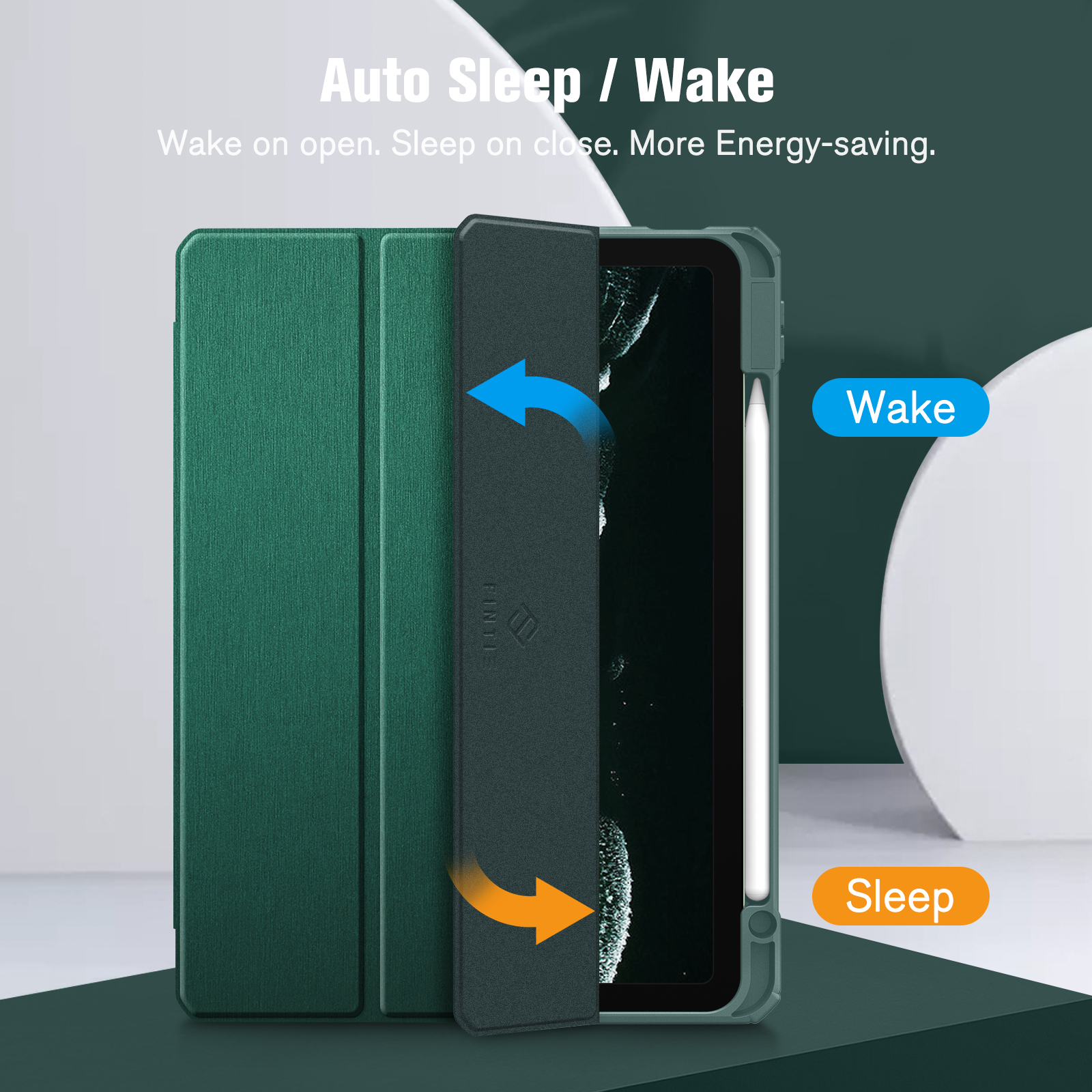 Eine Tablet-Hülle mit geöffneter Abdeckung, die eine grüne Außenseite und eine schwarze Innenseite zeigt. Text sagt 'Auto Sleep/Wake'.
