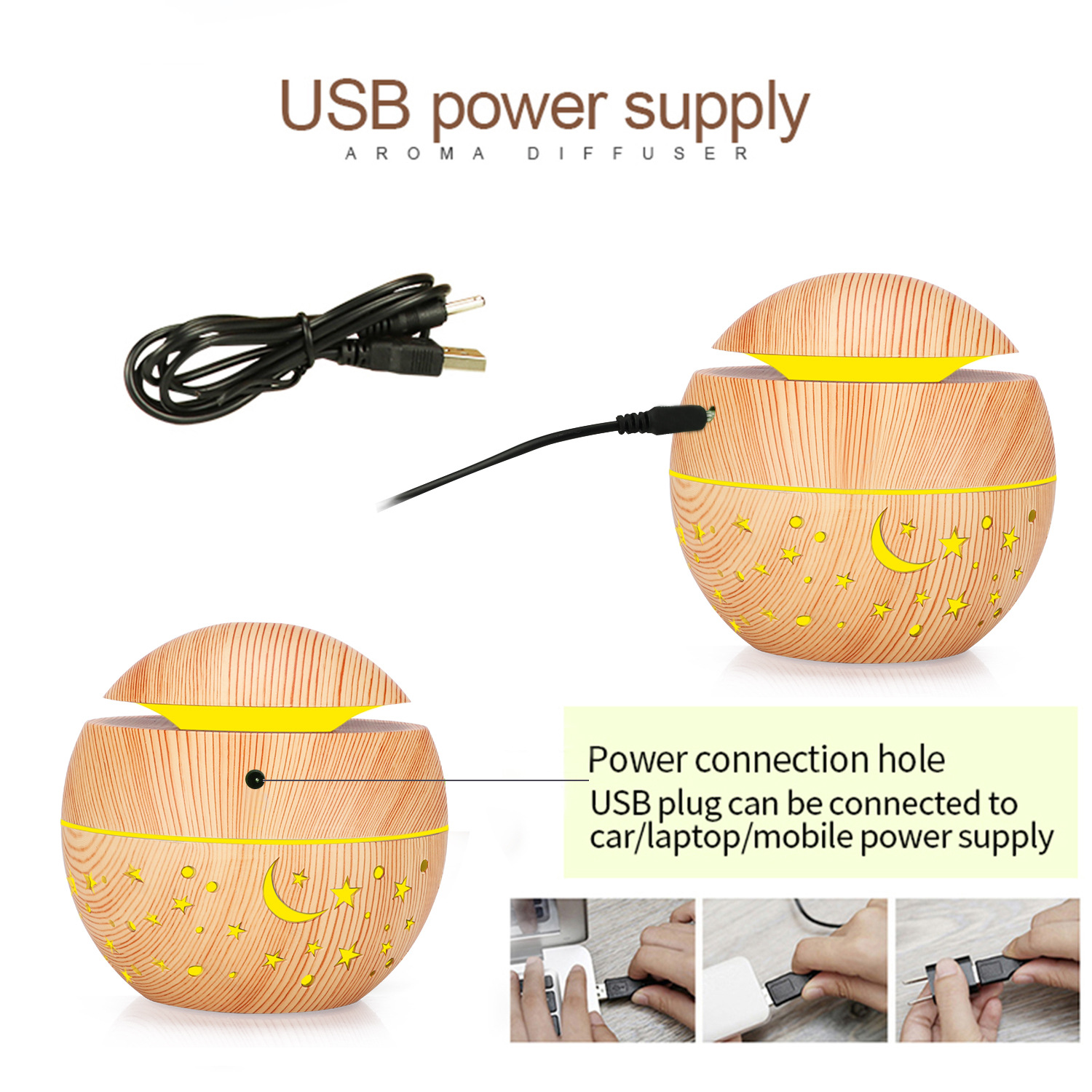 Ein Aroma-Diffusor mit Holzmaserung, mit USB-Kabel und mehreren Abbildungen seiner Verwendung.