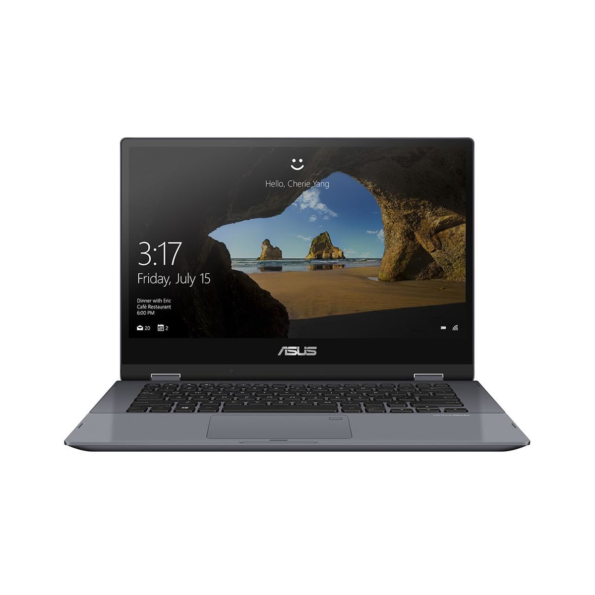 Laptop mit Sperrbildschirm, Uhrzeit und der Nachricht 'Hello, Cherie Yang'.