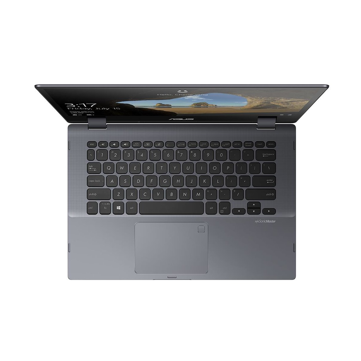 Ein Laptop mit geöffnetem Deckel, der Tastatur und Bildschirm zeigt.