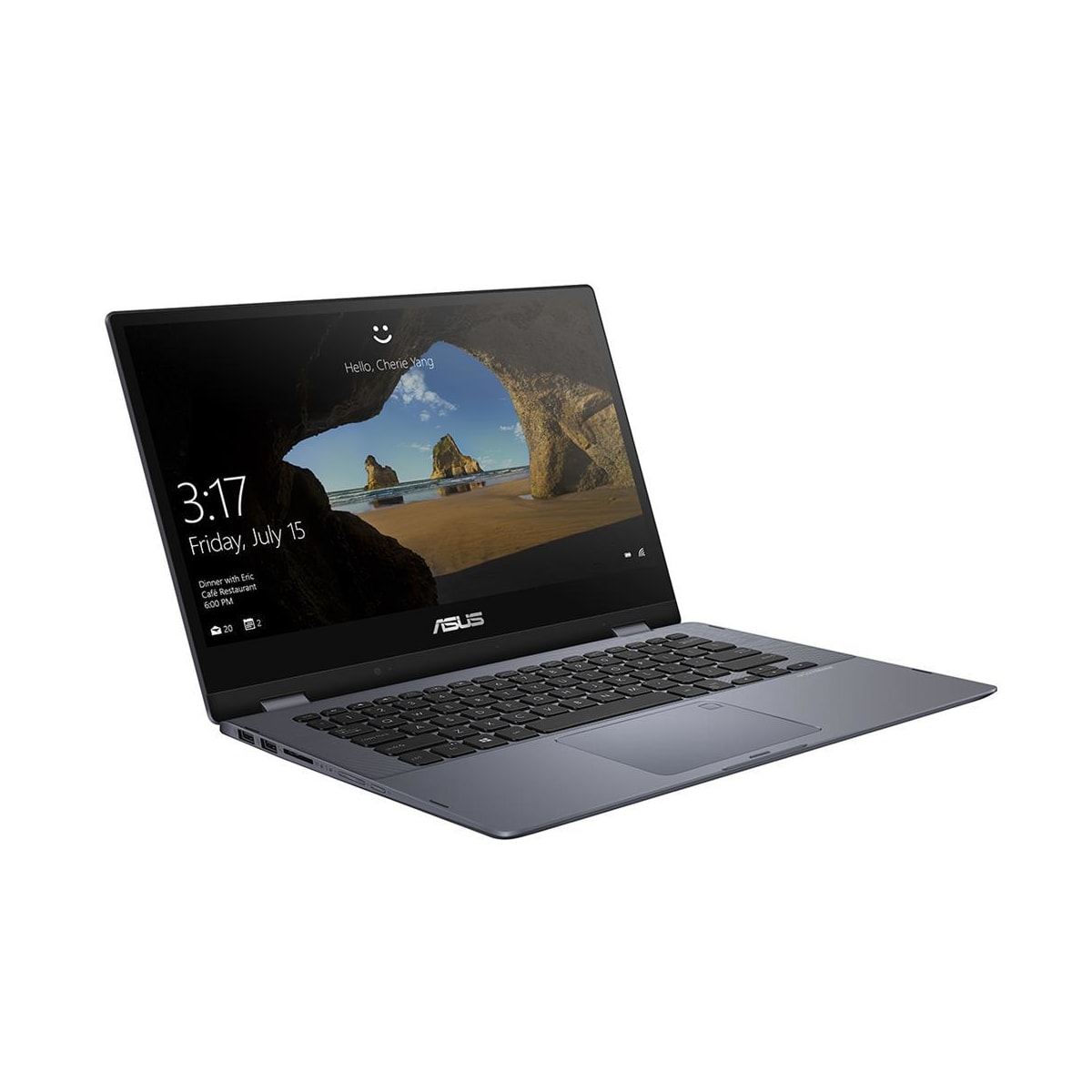 Geöffneter Laptop mit Landschaftsbild, ASUS-Logo auf weißem Hintergrund.