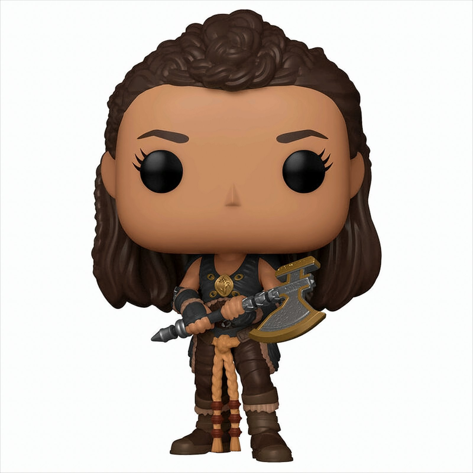 Eine Funko Pop Figur einer Kriegerin mit Axt. Sie trägt Rüstung und hat braune Haare.