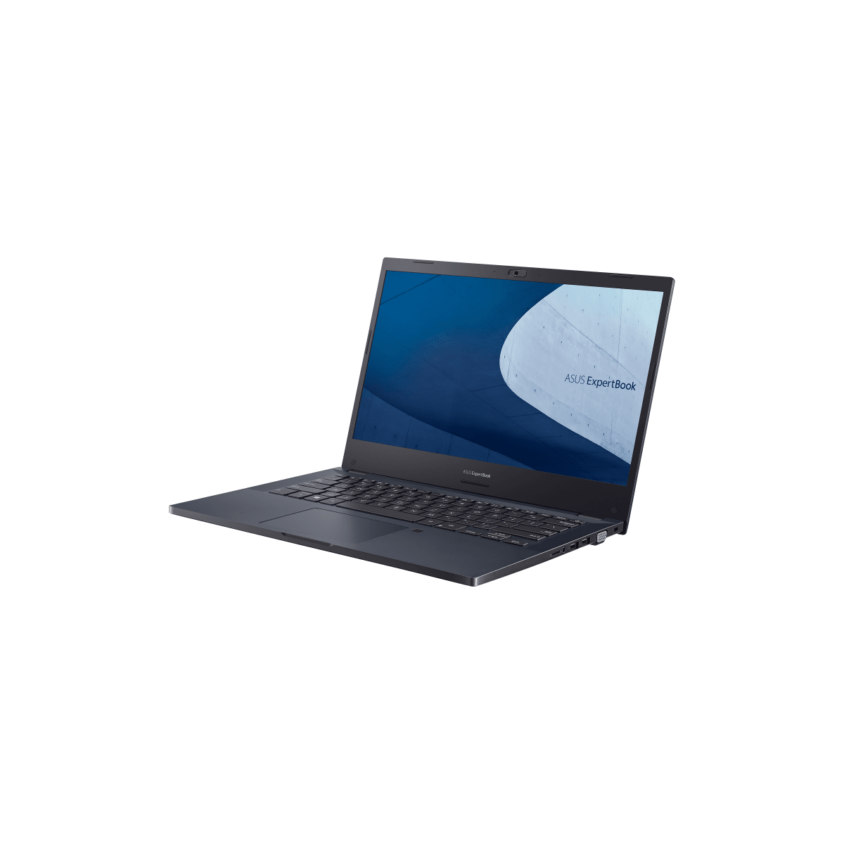 Un laptop nero con lo schermo aperto, che mostra uno sfondo blu, su un fondale bianco.