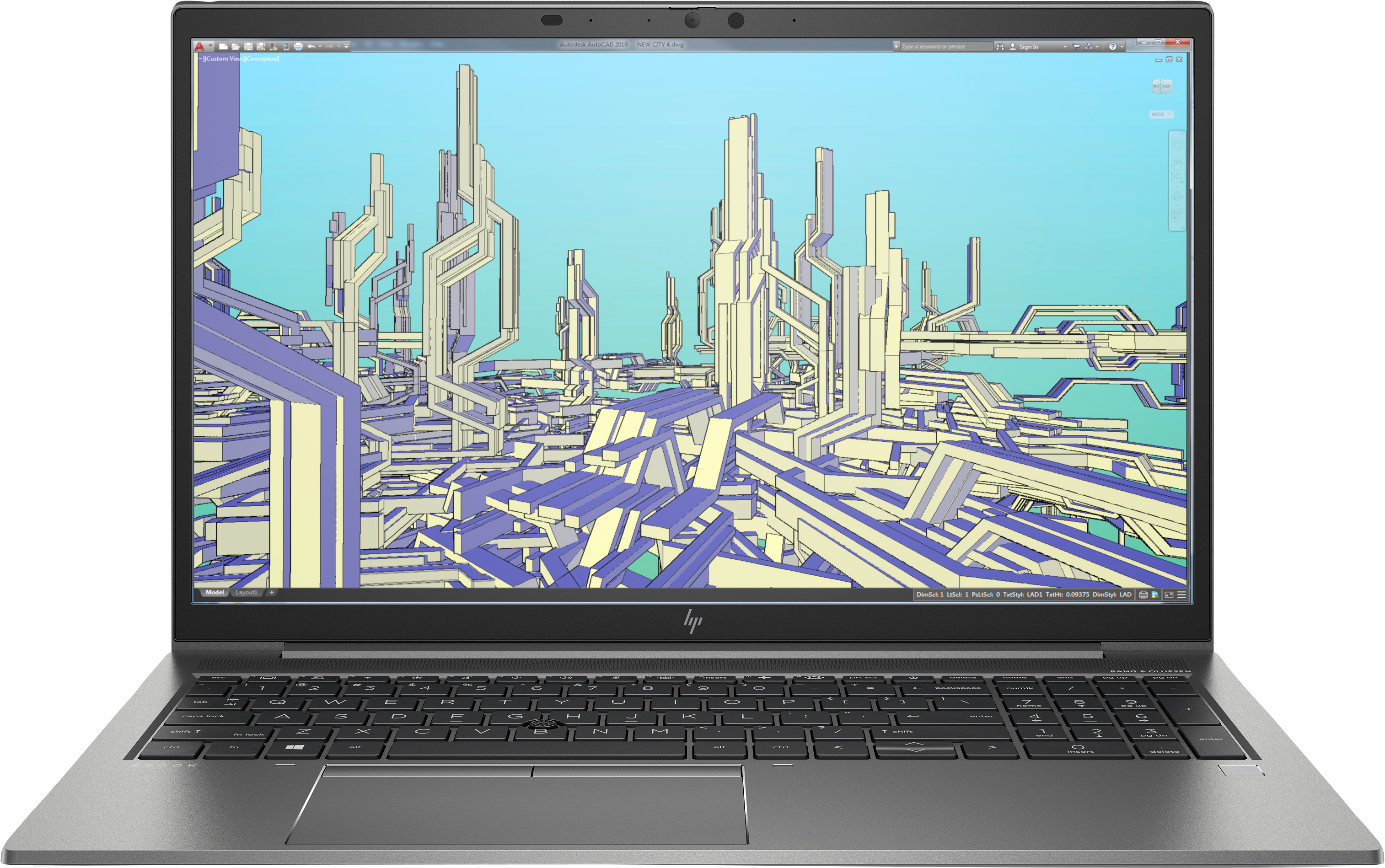 Laptop, der eine farbenfrohe Stadtlandschaft anzeigt. Der Laptop ist grau und offen.