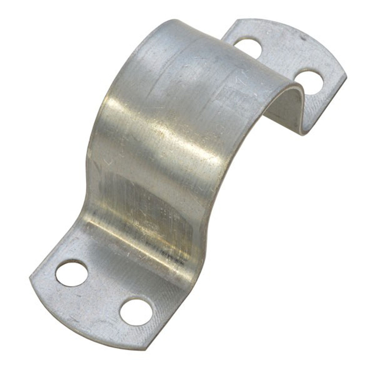 Silberne Metallrohrschelle mit zwei Löchern an jedem Ende, isoliert auf weißem Hintergrund.