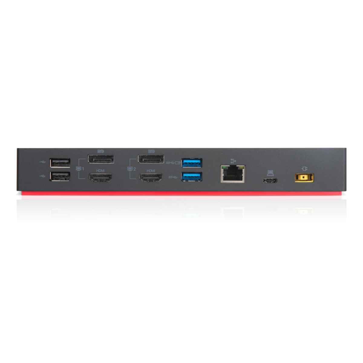 Schwarze und rote Dockingstation mit mehreren Anschlüssen. HDMI, USB und Ethernet-Anschlüsse sichtbar.