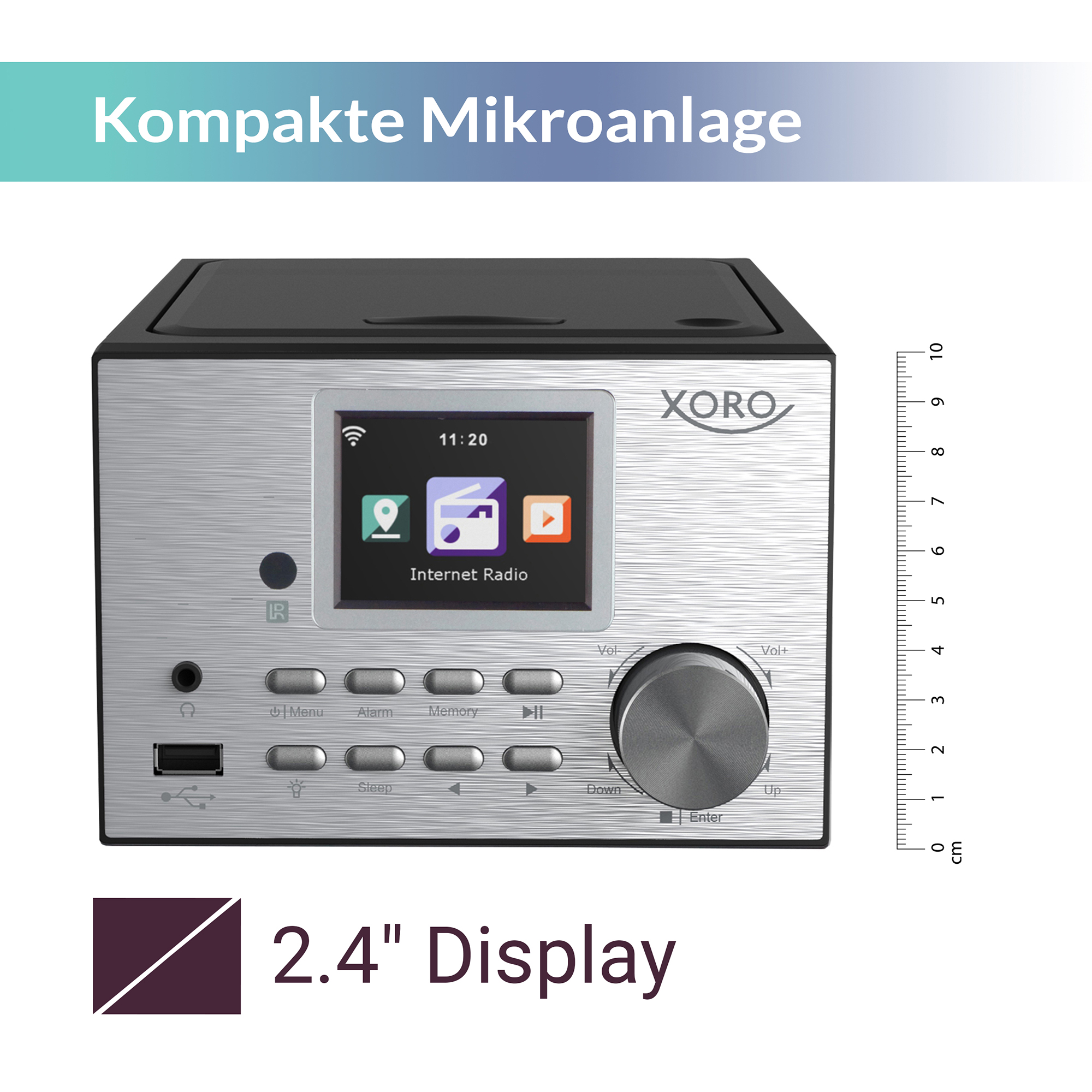 Ein silbernes Digitalradio mit schwarzem Display und großem Drehknopf auf weißem Hintergrund.