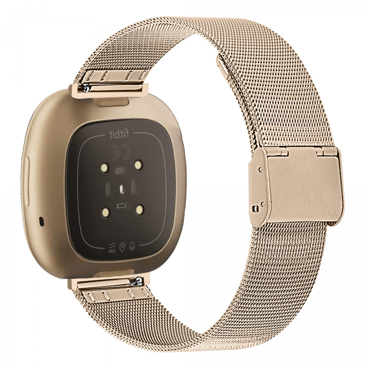 Goldene Smartwatch mit Mesh-Armband und Herzfrequenzsensor.
