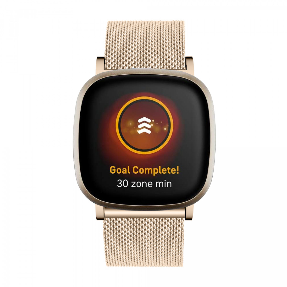 Eine goldene Smartwatch zeigt auf ihrem Bildschirm die Meldung 'Ziel erreicht!' mit einer Anzeige von 30-Zonen-Minuten an.