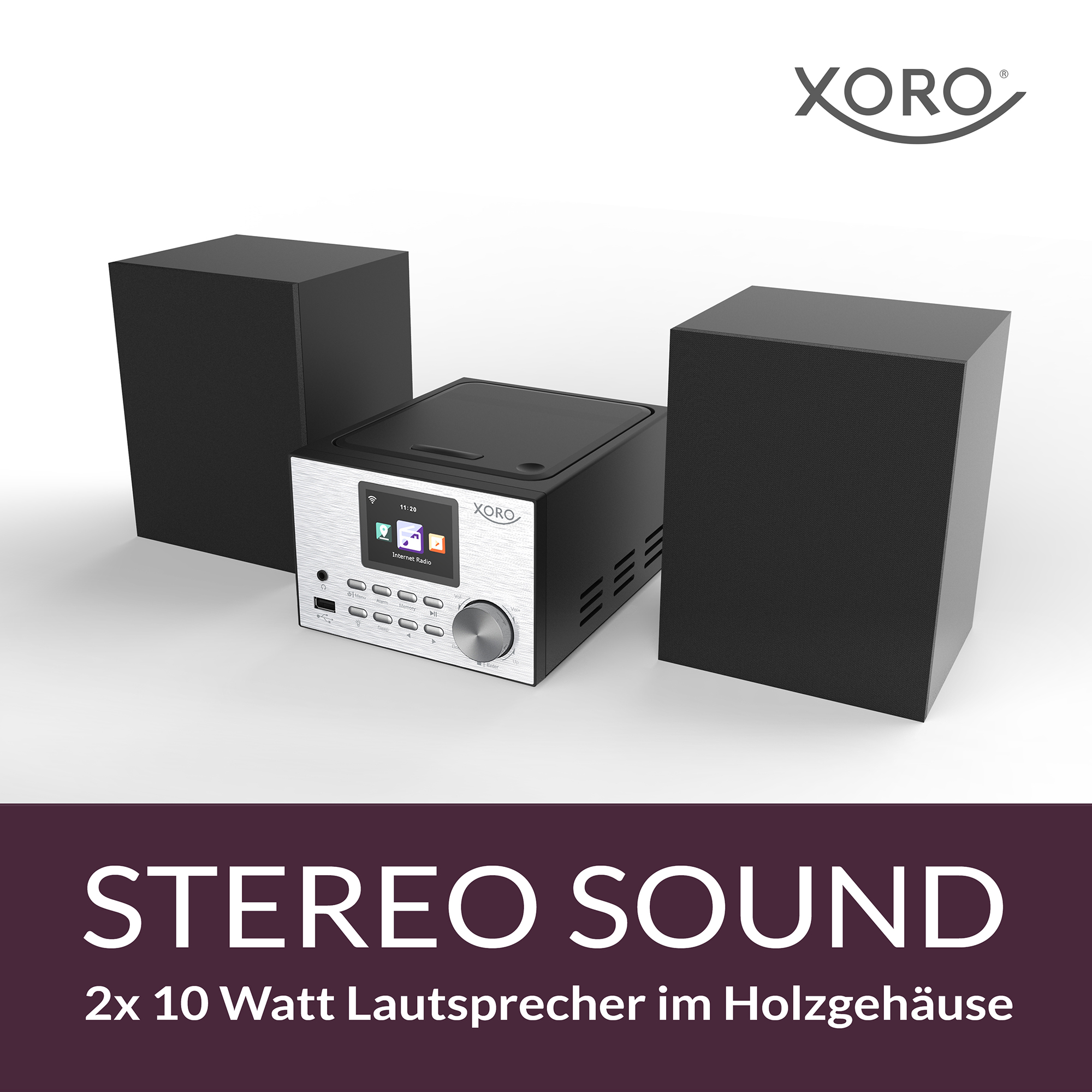 Stereoanlage mit zwei schwarzen Lautsprechern und silberner Steuereinheit.