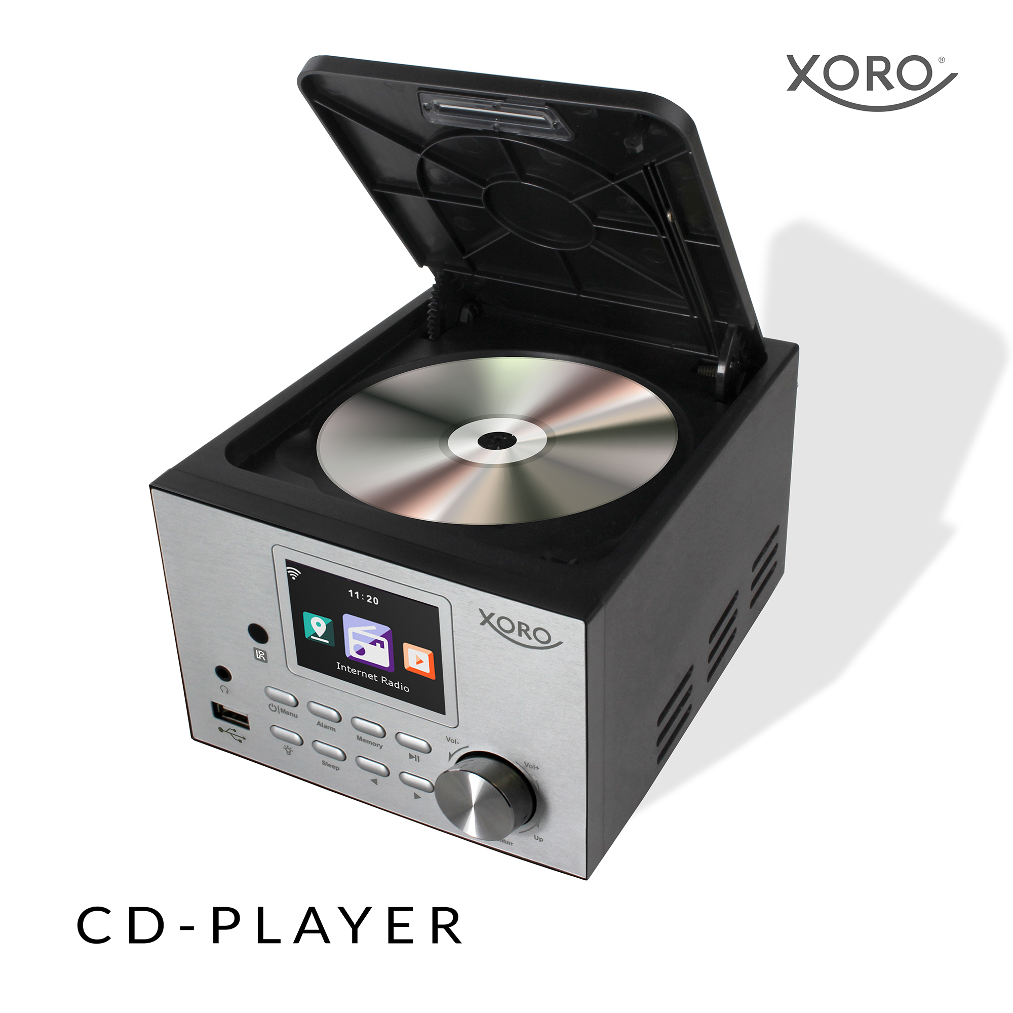 Ein silber-schwarzer CD-Player mit offenem Deckel und CD im Inneren, und weißem Hintergrund.