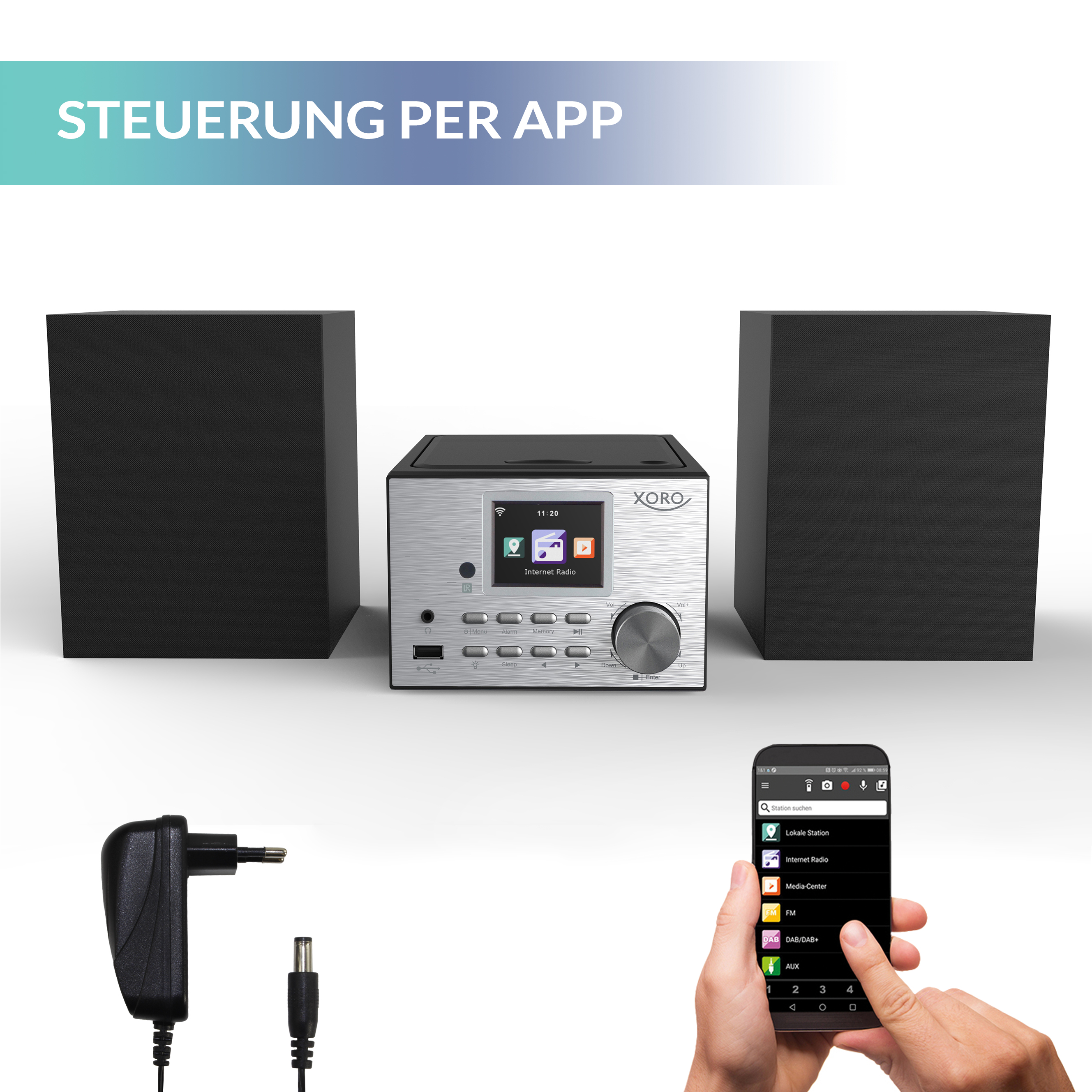 Silber-schwarzes Stereoanlage mit zwei Lautsprechern und Handy mit Oberfläche.