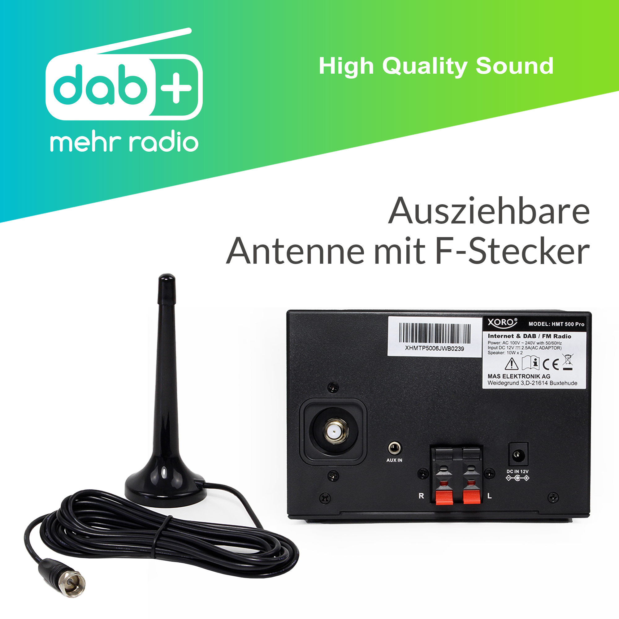 Ein DAB+-Radio mit Antenne. Die Rückseite zeigt Produktetikett und Anschlüsse.