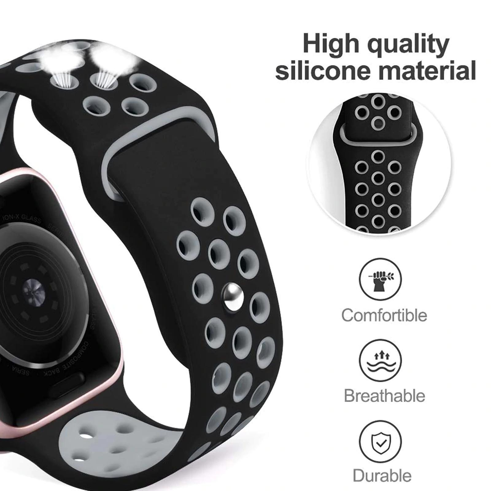 Correa de reloj inteligente negra y gris con círculos y detalles blancos.