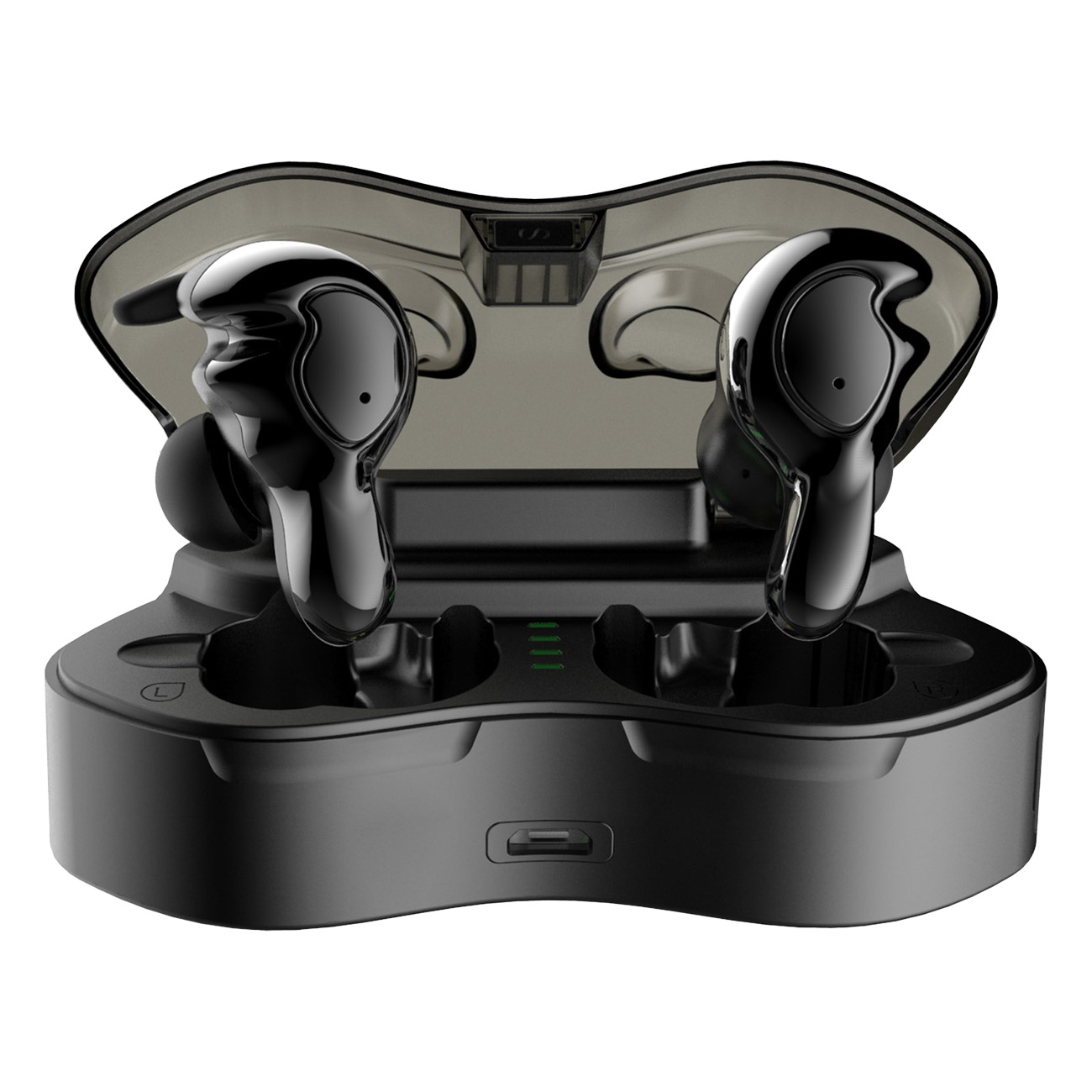 Auricolari wireless neri in una custodia di ricarica. Base nera.