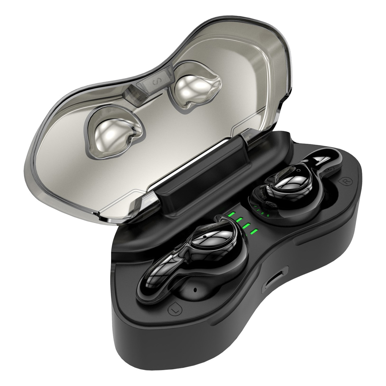 Auricolari wireless neri in una custodia di ricarica con coperchio trasparente.