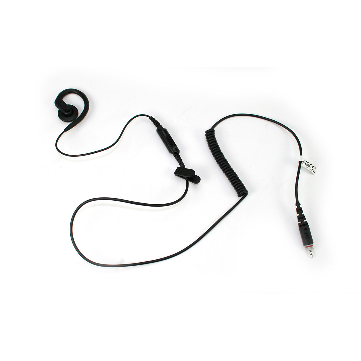 Auricular con cable negro con sección en espiral y conector.
