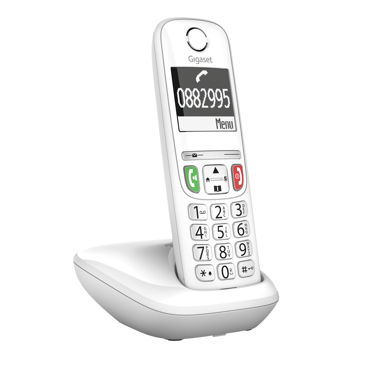 Un teléfono inalámbrico Gigaset blanco en su base, que muestra el número de teléfono.