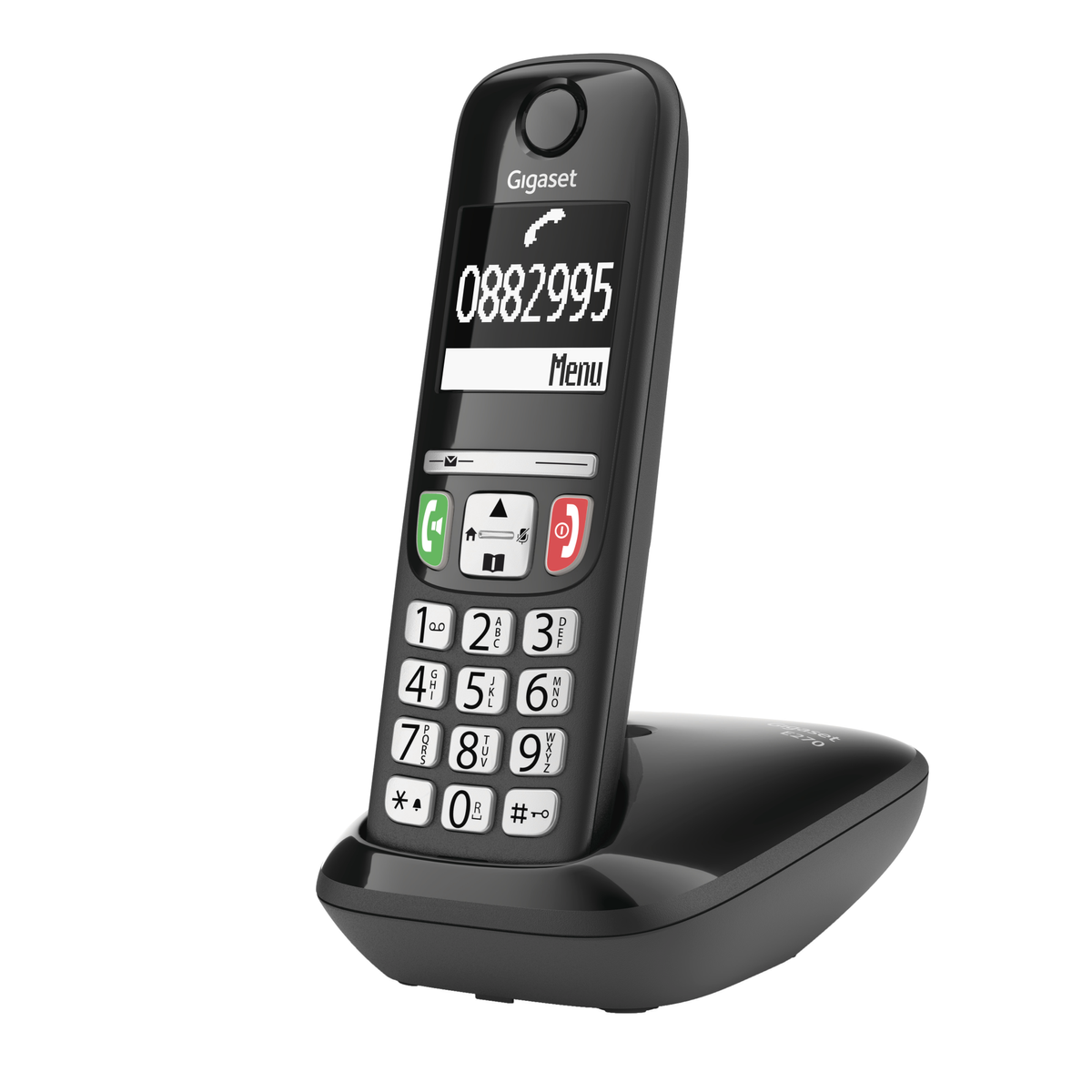 Teléfono inalámbrico Gigaset negro con pantalla digital que muestra un número de teléfono.