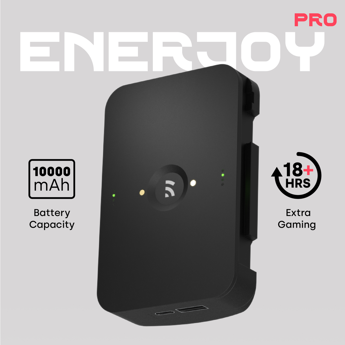 Power bank nero da 10000 mAh, marchio PRO e 18+ ore di gioco extra.