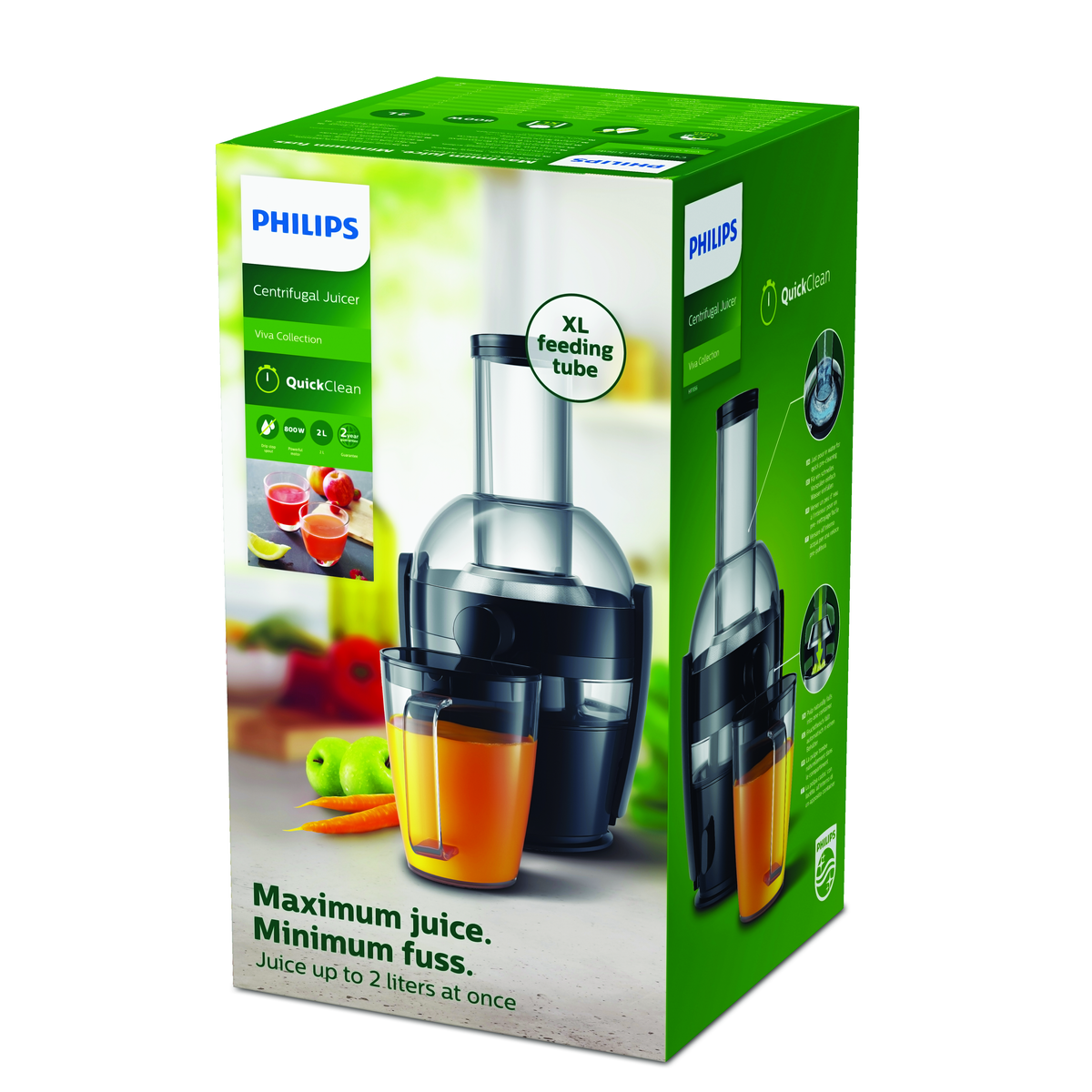 Caja de exprimidor Philips con imagen de exprimidor, vasos y frutas. Verde y blanco.
