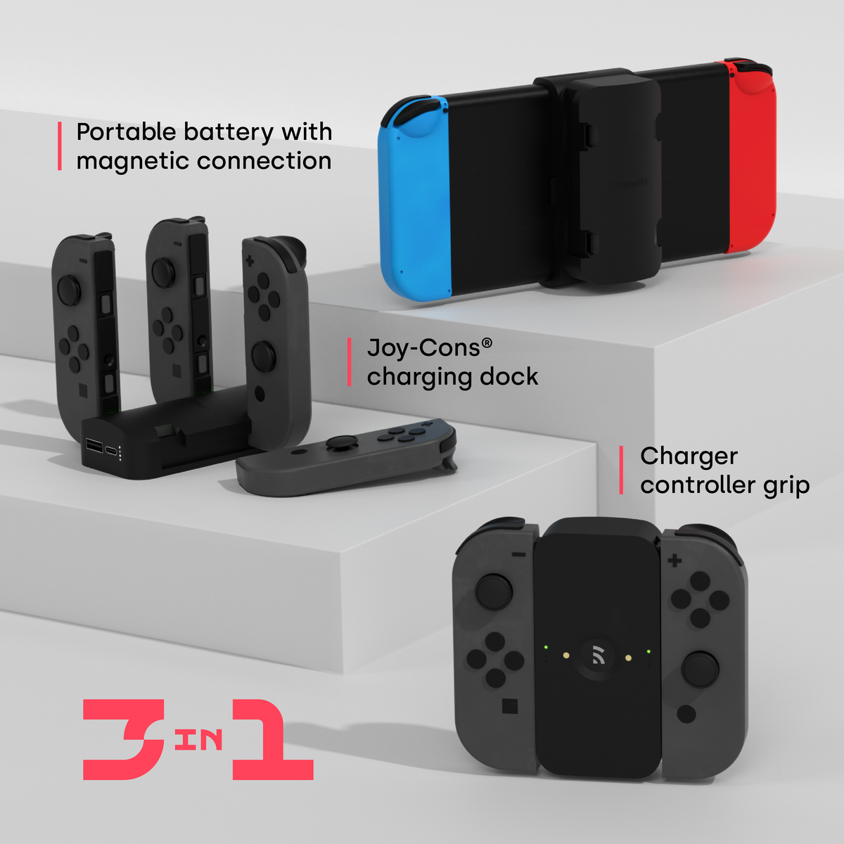 Una batteria portatile, una dock di ricarica Joy-Cons e un'impugnatura controller.
