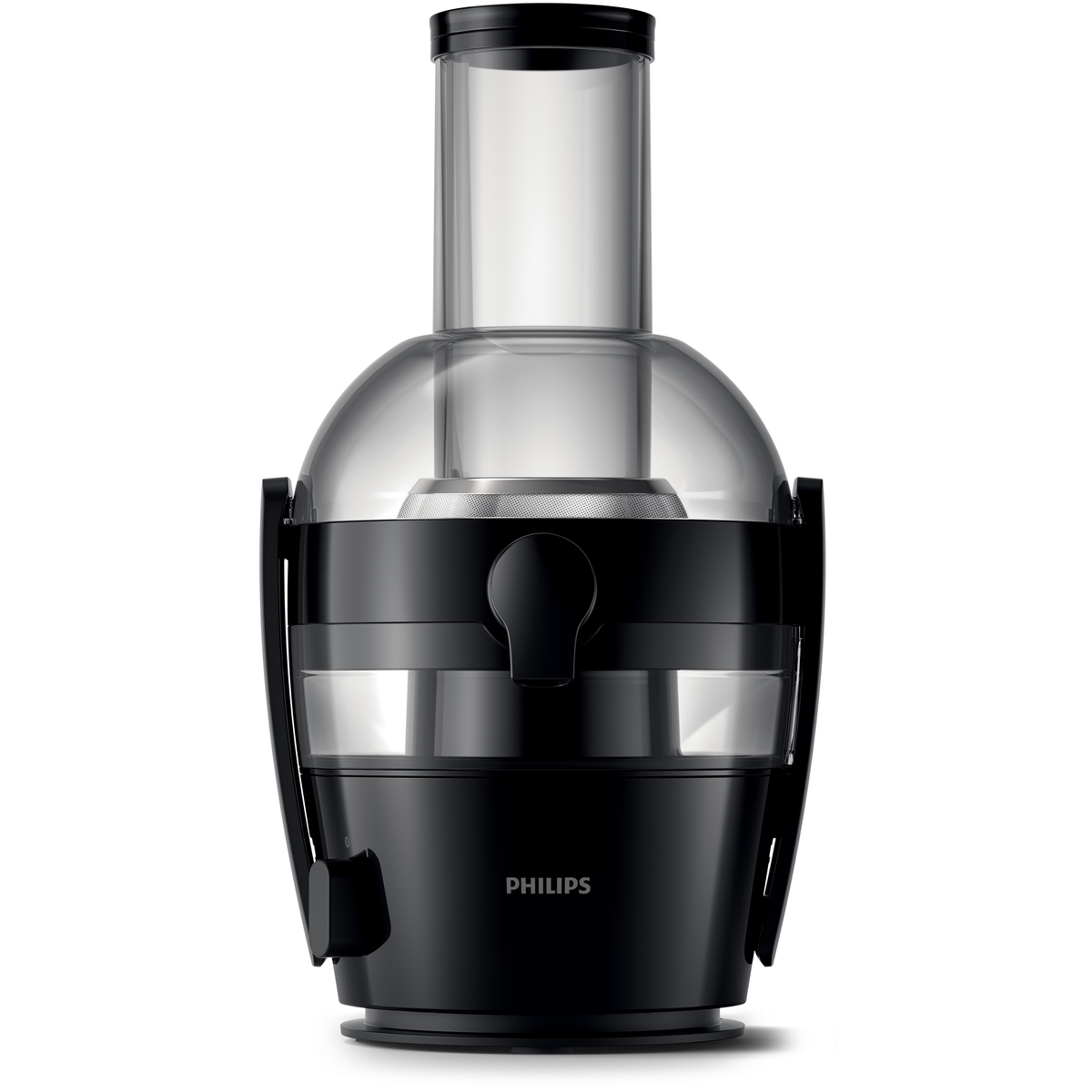 Una licuadora Philips negra y transparente. Tiene una parte superior transparente y una base negra con la marca Philips.