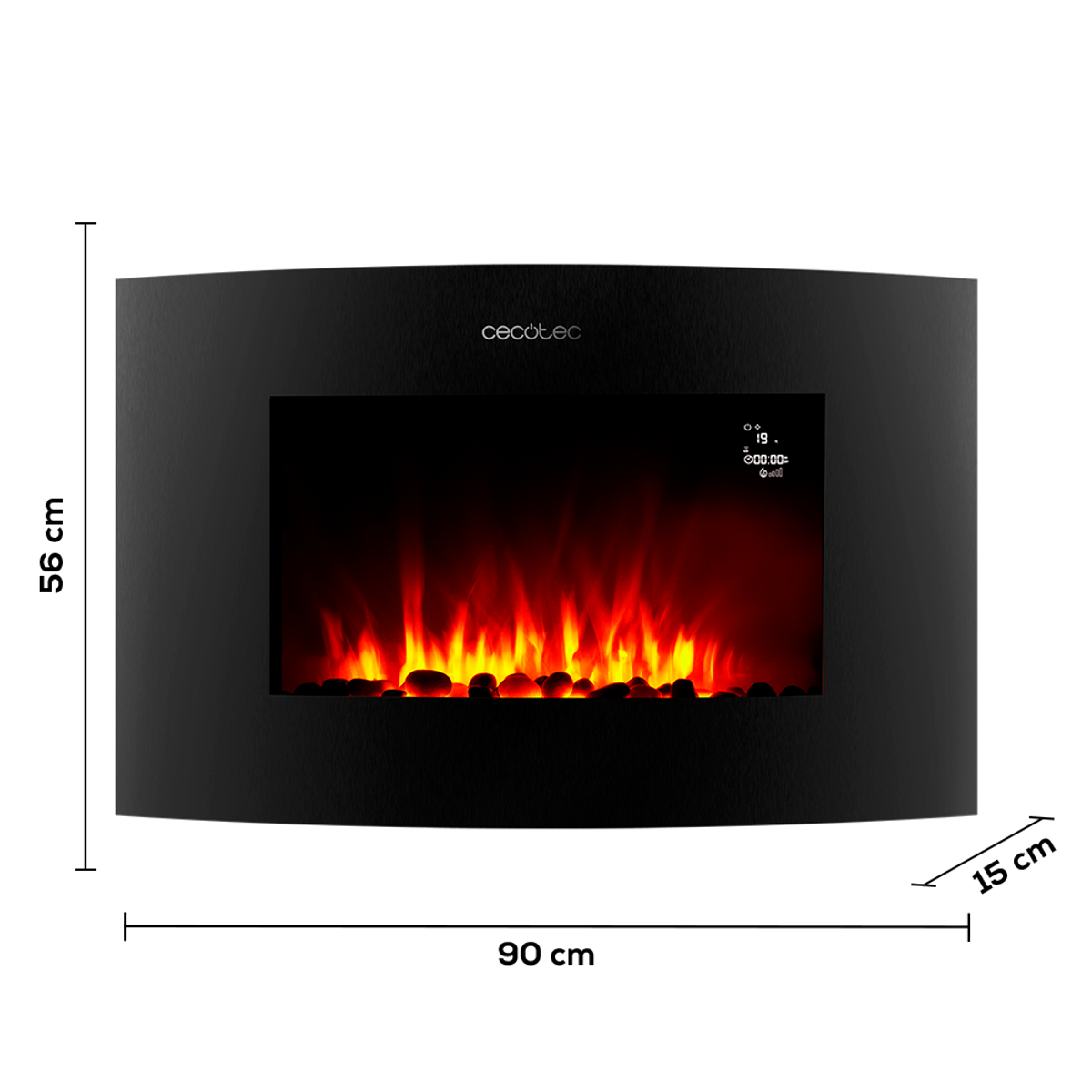 Schwarzer, gebogener, elektrischer Kamin mit simulierter Flammendarstellung. Zeigt Flammen und Steine.